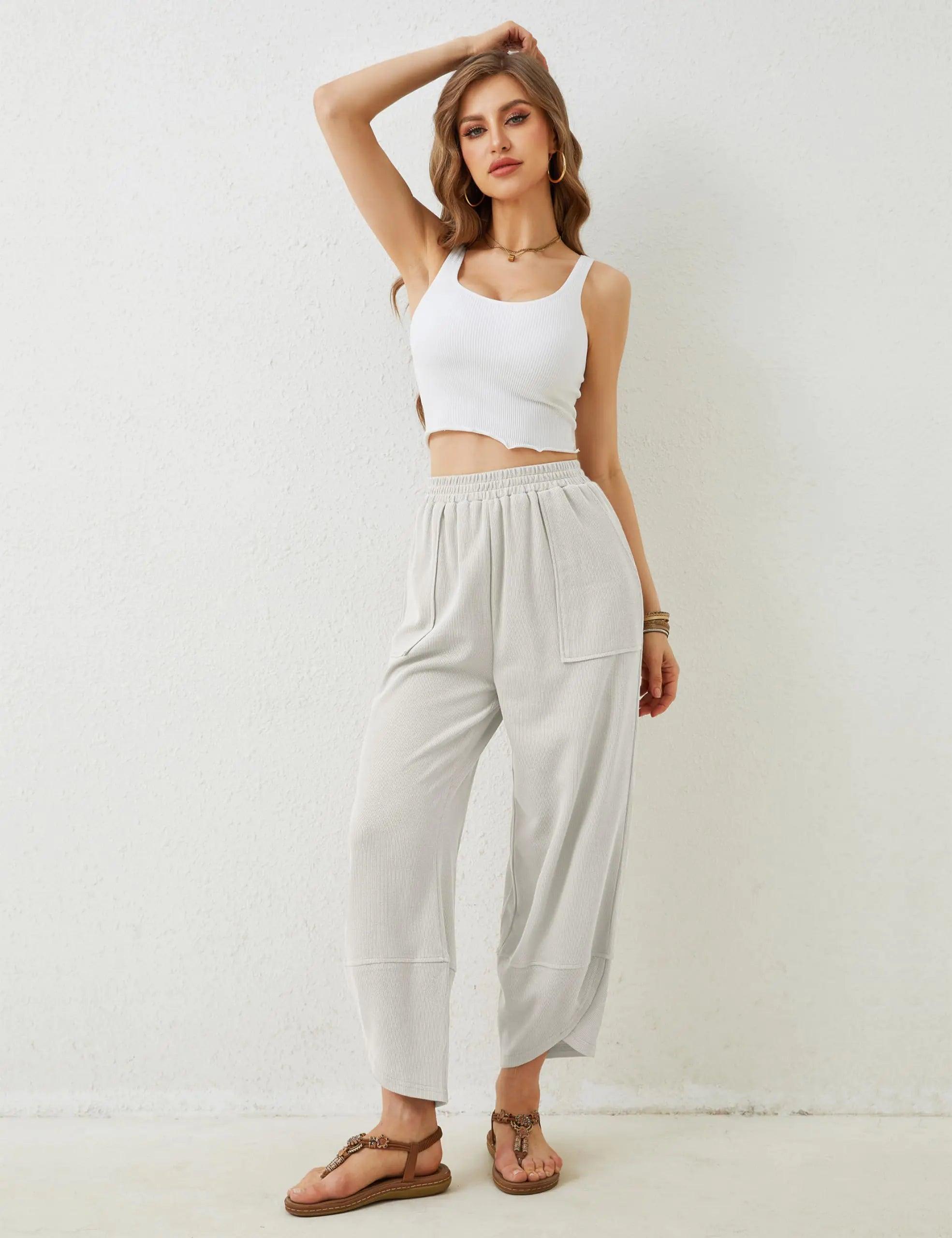 Xiaoxuemeng Womens Baggy Wide Leg Pants Casual Elastic Waisted Palazzo Harem Pants with Pockets Large White - Evallys.com # #