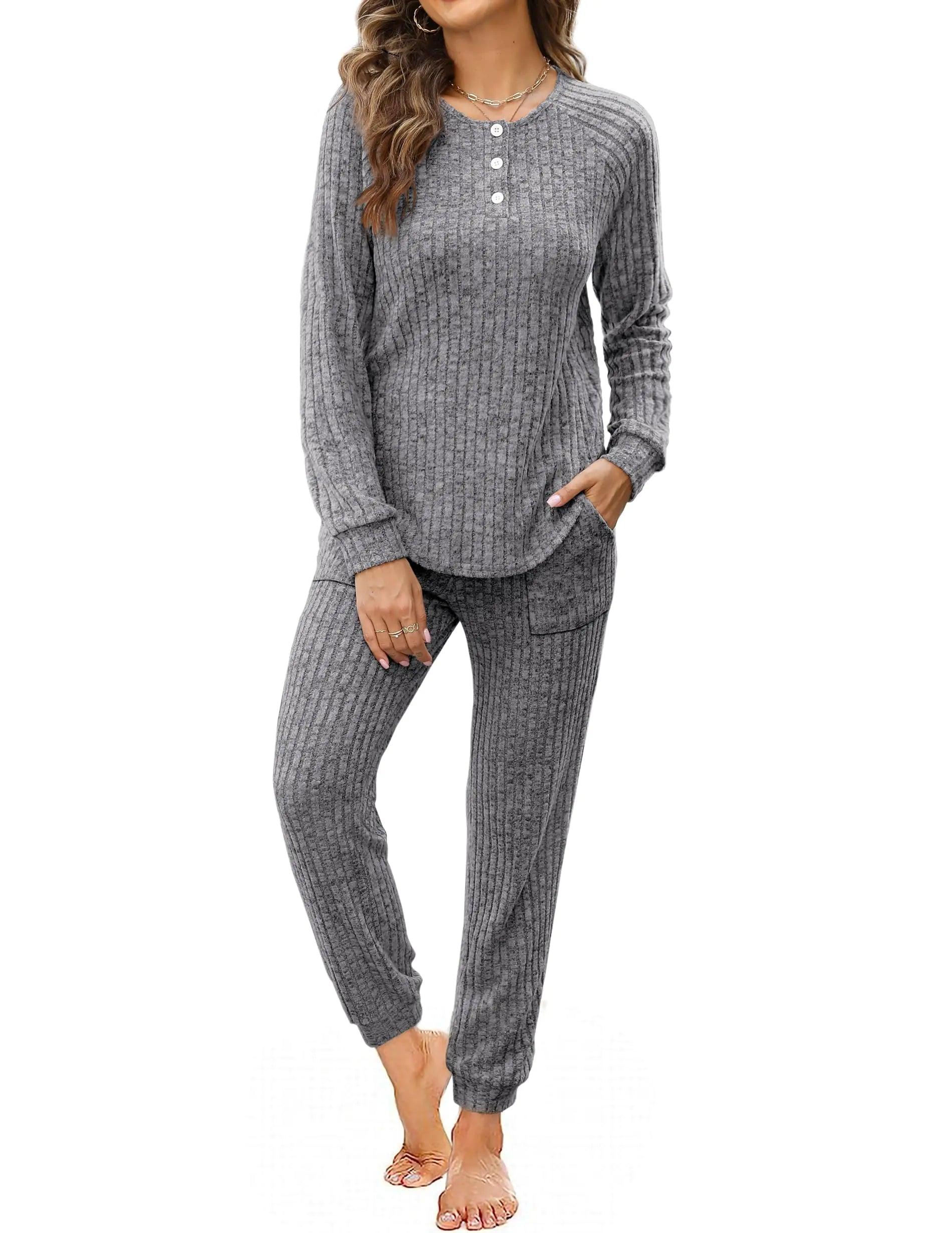 WIHOLL Two Piece Outfits for Women Lounge Sets Button Down Sweatshirt Sweatpants Sweatsuits Set with Pockets XX-Large Long Sleeve 1-dark Grey - Evallys.com # #