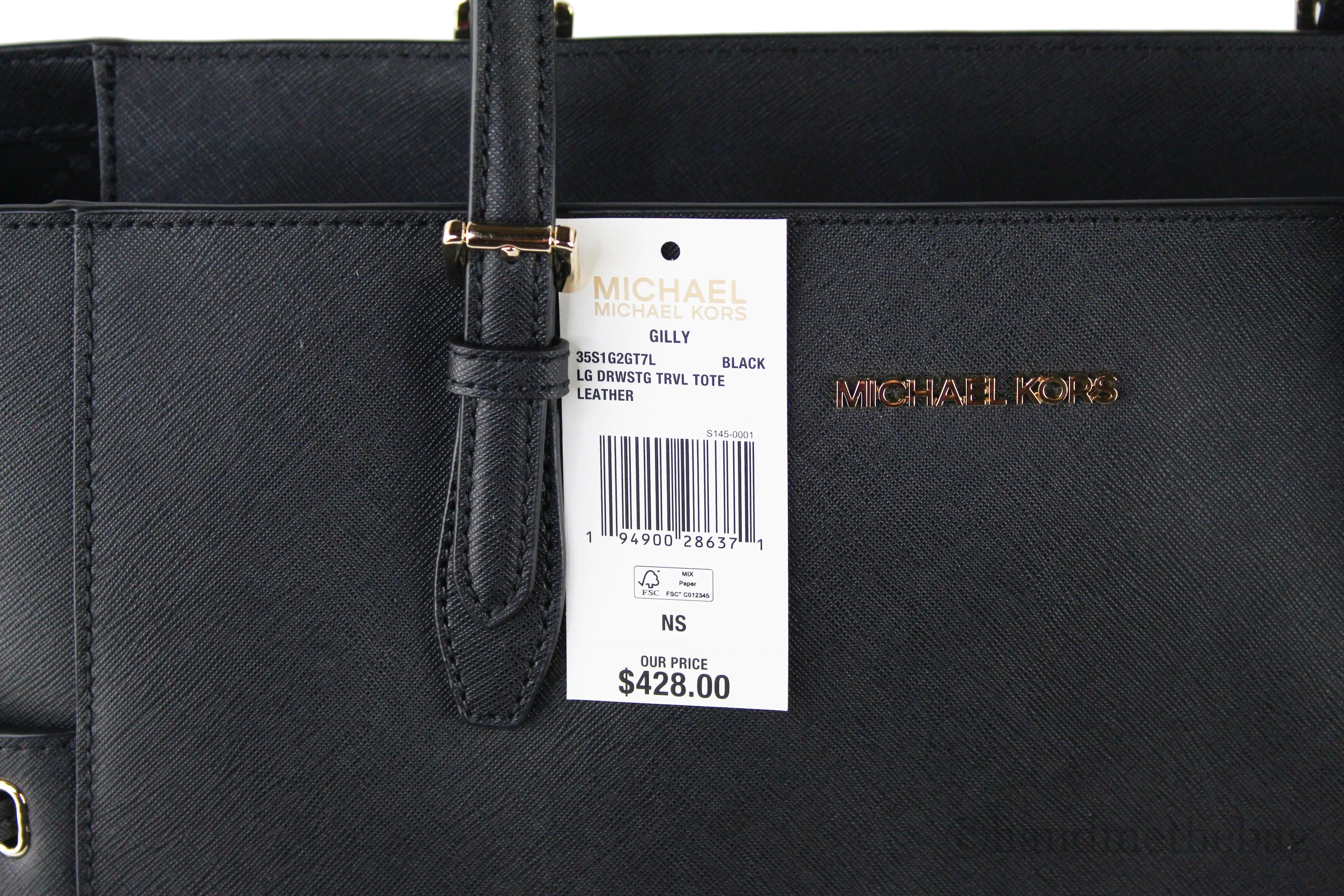 Michael Kors Gilly Large Black Leather Travel Drawstring Shoulder Tote Handbag - Evallys.com # #