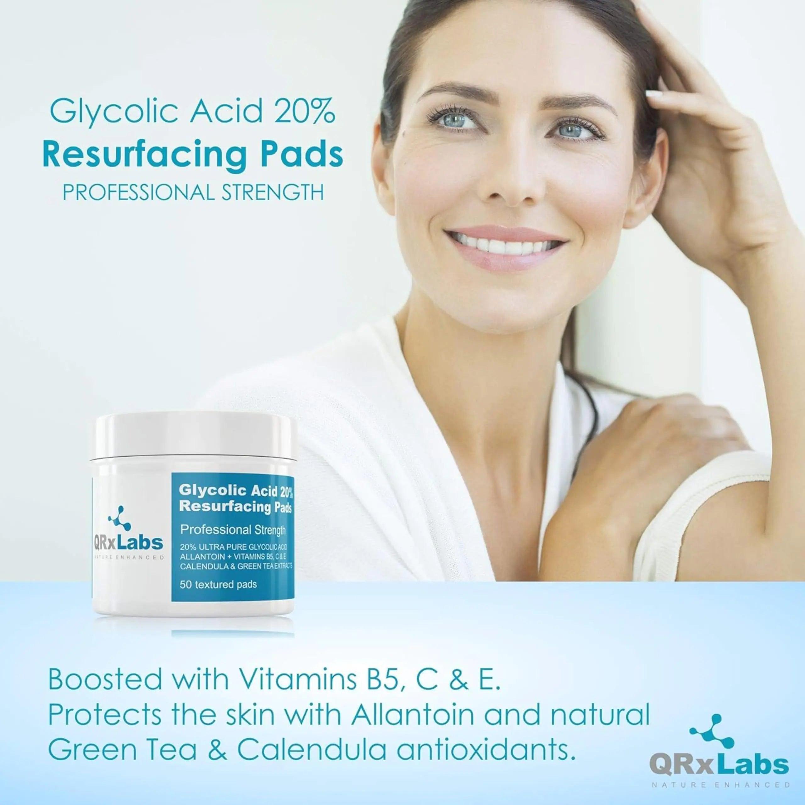 Glycolic Acid 20% Resurfacing Pads for Face & Body with Vitamins B5, C & E, Green Tea, Calendula, Allantoin - Exfoliates Surface Skin and Reduces Fine Lines and Wrinkles - Peel Pads - 2PK Resurfacing Pads 2 Pack - Evallys.com # #