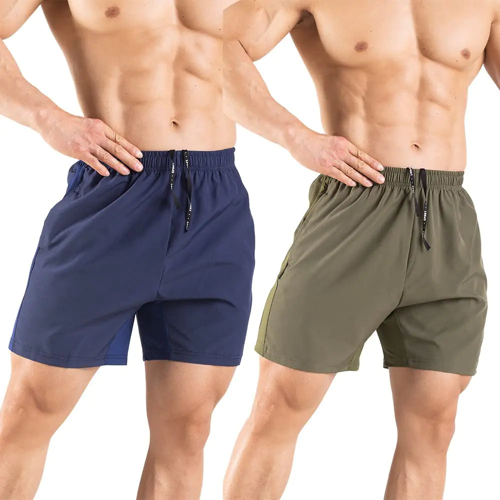 Men's 5" Running Shorts 2 Pack Quick Dry Athletic Workout Gym Shorts with Zipper Pockets Medium Navy/Green - Evallys.com # #