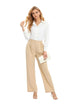 Women Office Wide High Waist Pants Loose Fit Elastic Waist Pleated Front Trousers for Work Casual Small Apricot (Stripe) - Evallys.com # #