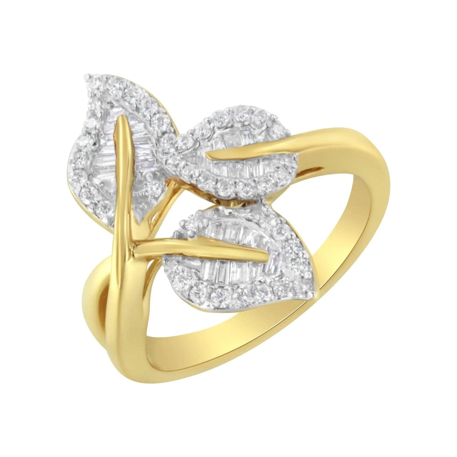 18K Yellow and White Gold Plated .925 Sterling Silver 3/8 Cttw Baguette and Round Diamond Bypass Triple Leaf Ring (I-J Color, I1-I2 Clarity) - Evallys.com # #