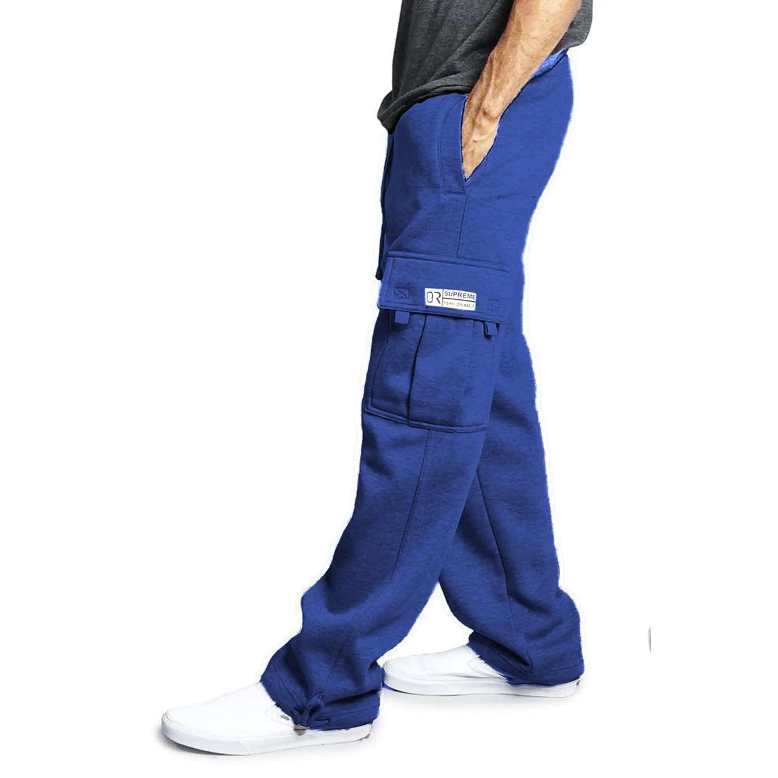 Men's Cargo Sweatpants Casual Fleece Joggers Loose Fit Open Bottom Athletic Pants for Men with Pockets Small Royalblue - Evallys.com # #