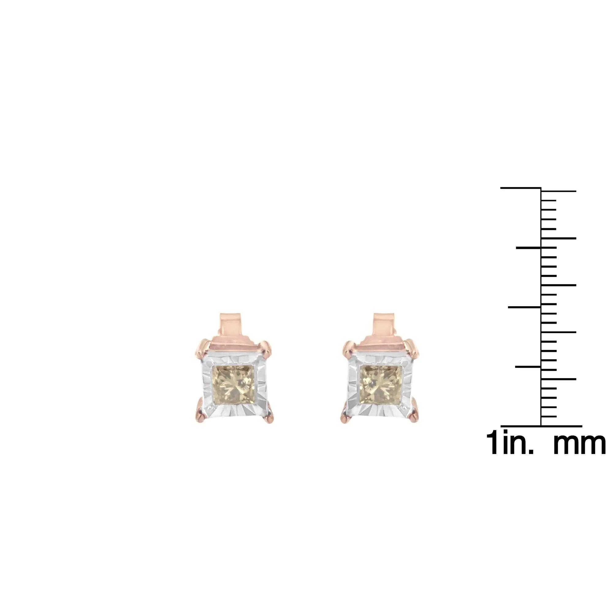 14K Rose Gold Plated Two-Tone .925 Sterling Silver 1/2 Cttw Princess-Cut Square Diamond Solitaire Miracle-Plate Stud Earrings (K-L Color, I2-I3 Clarity) - Evallys.com # #