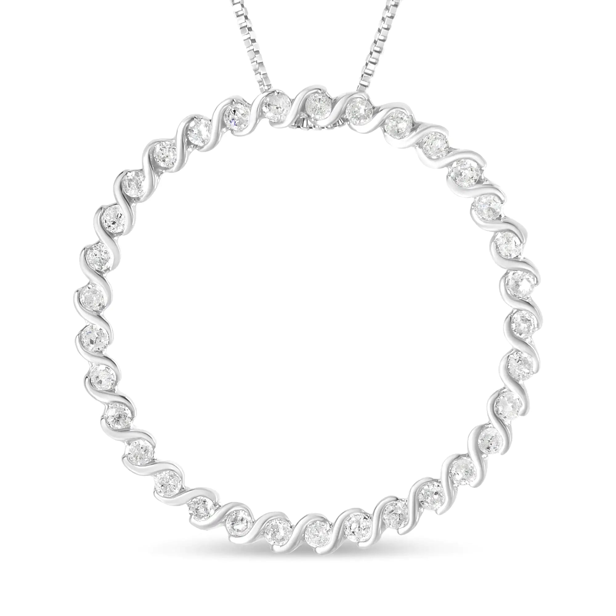 .925 Sterling Silver 3/4 Cttw Round Diamond Spiral Curved Circle Pendant 18" Necklace (I-J Color, I3 Clarity) - Evallys.com # #