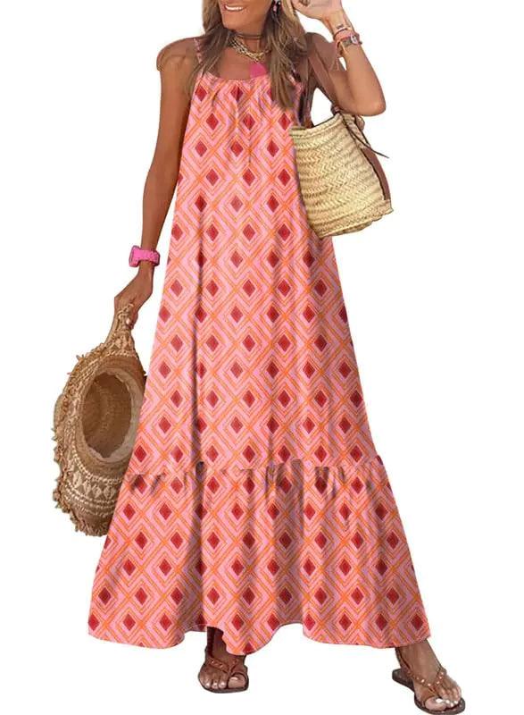 Dokotoo Women Summer Dresses 2024 Spaghetti Strap Scoop Neck Smocked Ruffle Flowy Boho Maxi Dress Small Rose - Evallys.com