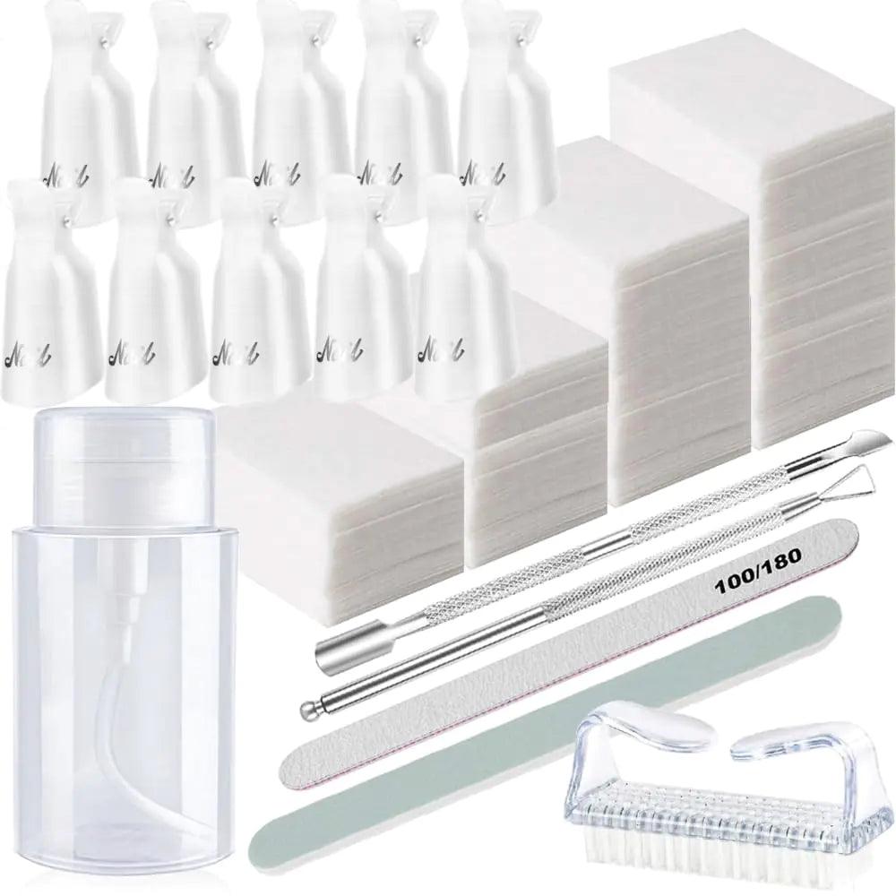 Nail Polish Gel Remover Tools Kit, Soak Off Cap Clip, UV Gel Polish Cuticle Pusher, 200ml Dispenser Bottle, 600 PCS Cotton Pads, Handle Brushes, 100/180 Nail File, Buffer Block, Finger Separators White-Set. - Evallys.com # #