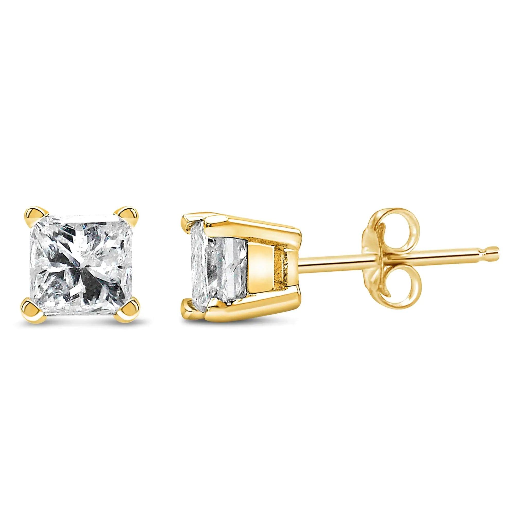 IGI Certified 14k Yellow Gold 4-Prong Set Princess-Cut Solitaire Diamond Push Back Stud Earrings (L-M Color, I1-I2 Clarity) - Evallys.com # #