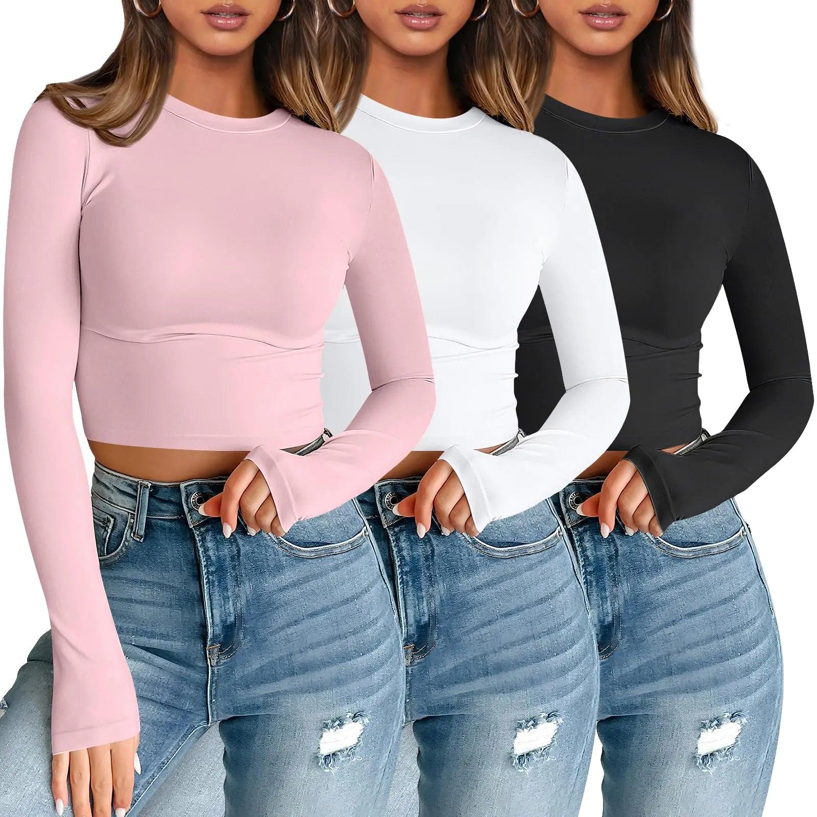 AUTOMET 3 Pack Womens Long Sleeve Shirts Y2K Going Out Crop Tops Cute Basic Slim Fitted Fall Fashion Outfits 2024 Clothes Medium Pinkwhiteblack - Evallys.com # #