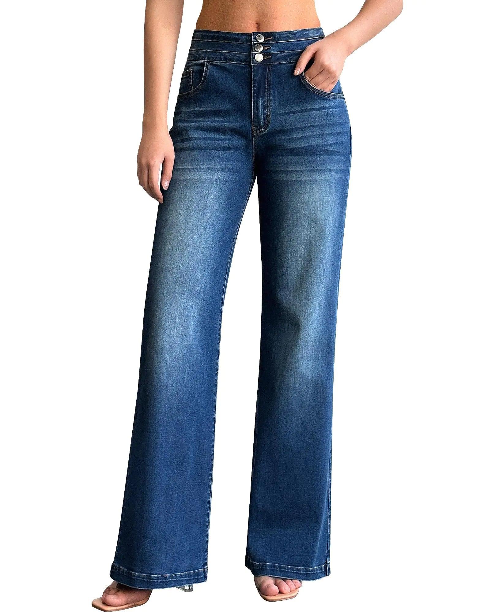 roswear Women's Wide Leg Jeans Casual High Waisted Stretch Baggy Loose Denim Pants X-Large Blue - Evallys.com # #