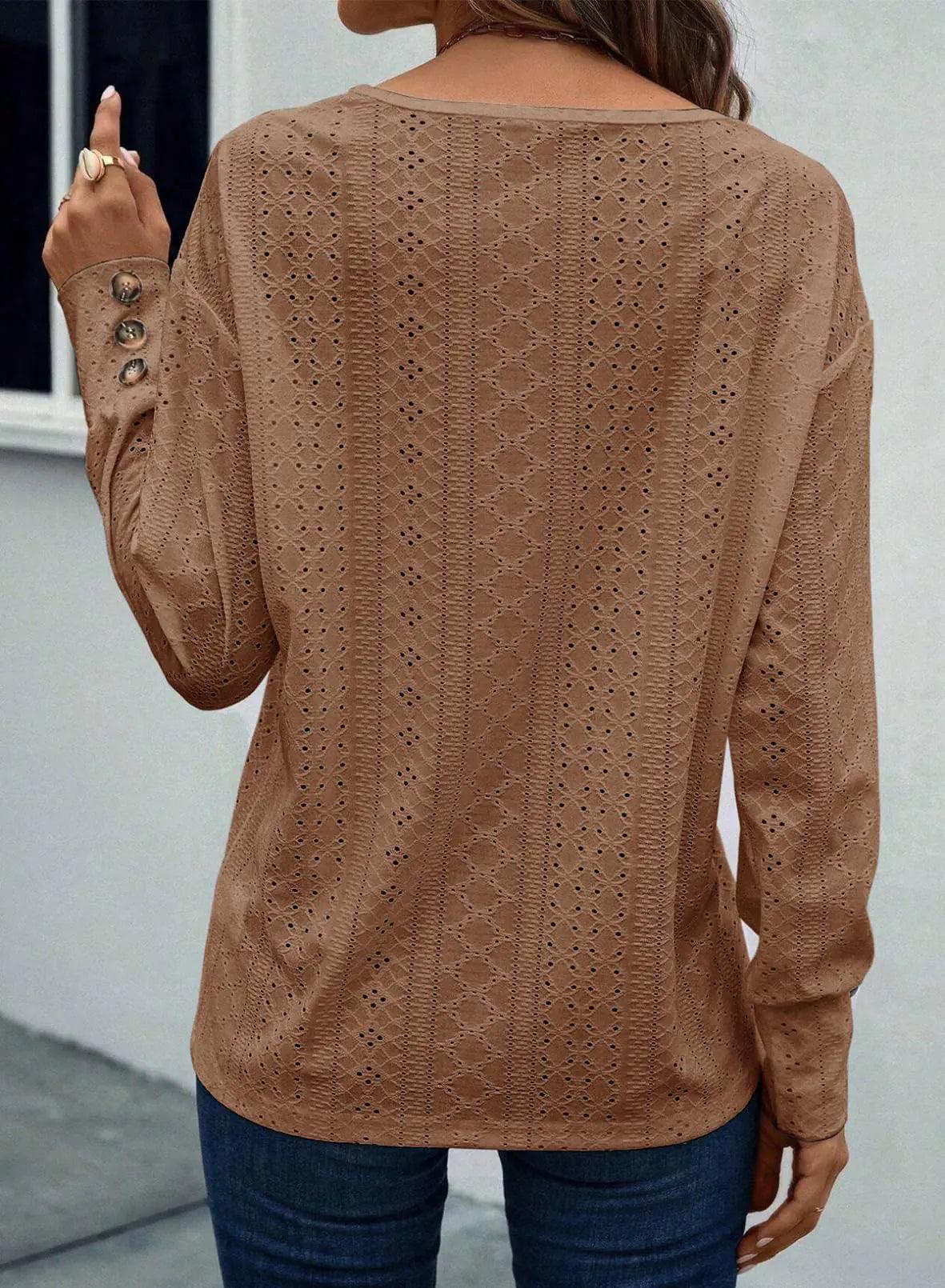 Dokotoo Women's Tops Dressy Casual V Neck Long Sleeve Buttons Hollow Out Lace Embroidered Blouses Shirts Small Camel - Evallys.com # #