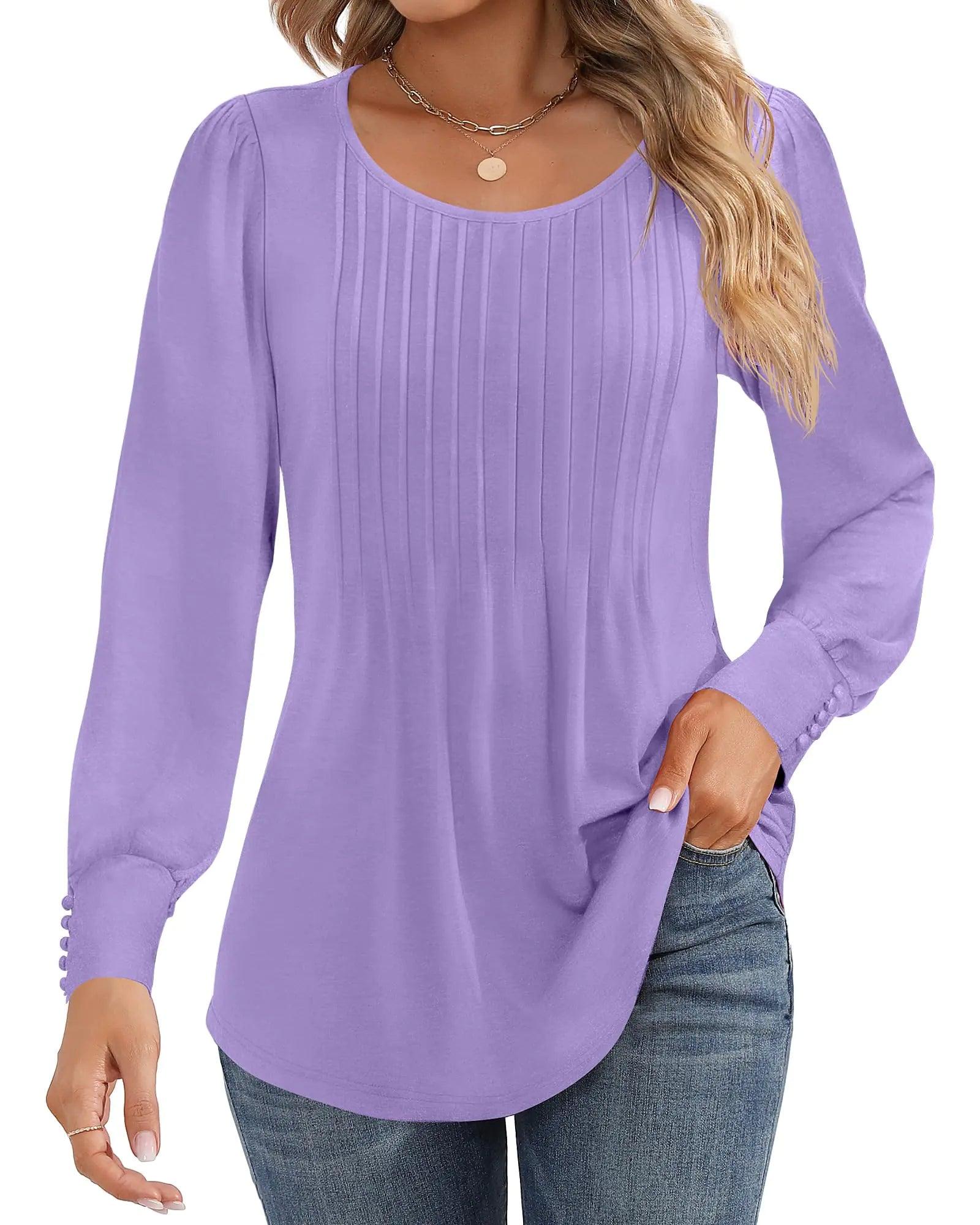 Ficerd Women's Puff Long Sleeve Tunic Tops Pleated Crew Neck Blouses Dressy Casual Loose Fit Fall and Winter Shirts Pink Floral Large - Evallys.com