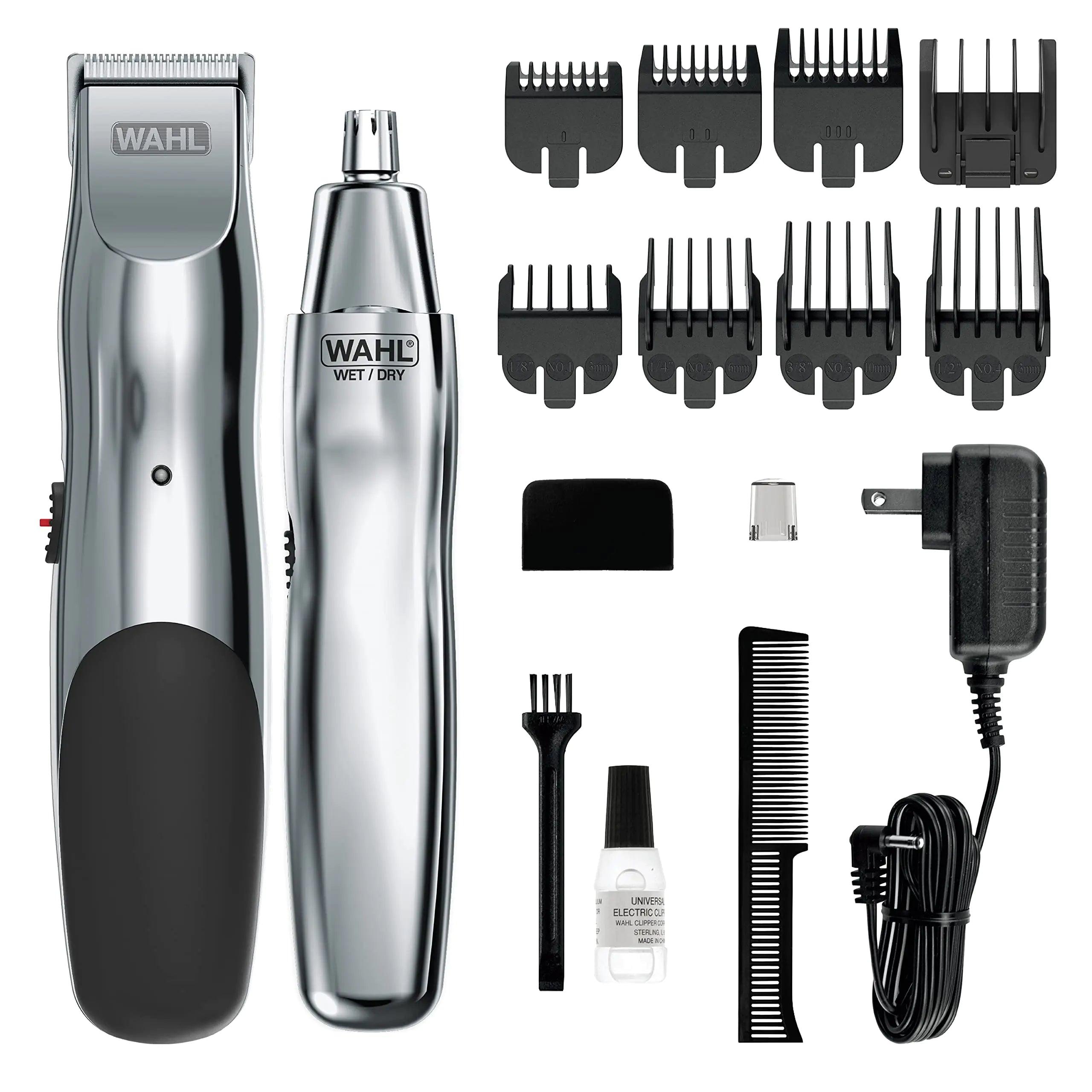 Wahl Groomsman Rechargeable Beard Trimmer kit for Mustaches, Nose Hair, and Light Detailing and Grooming with Bonus Wet/Dry Battery Nose Trimmer – Model 5622v Silver - Evallys.com # #