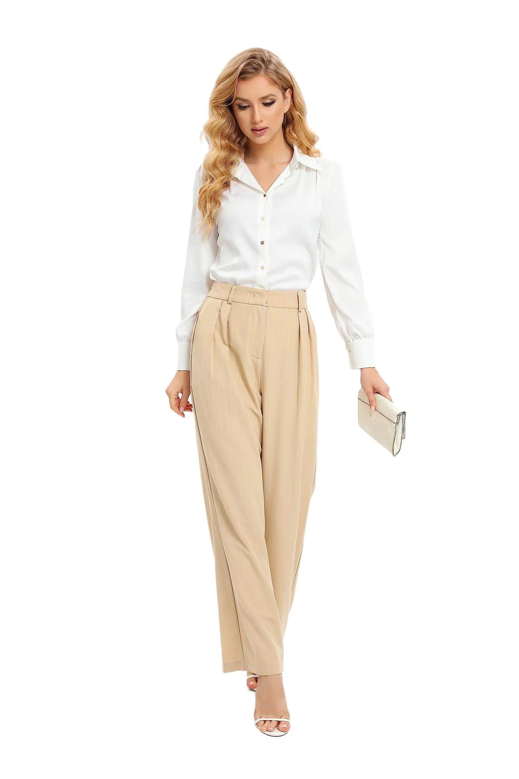 Women Office Wide High Waist Pants Loose Fit Elastic Waist Pleated Front Trousers for Work Casual Small Apricot (Stripe) - Evallys.com # #