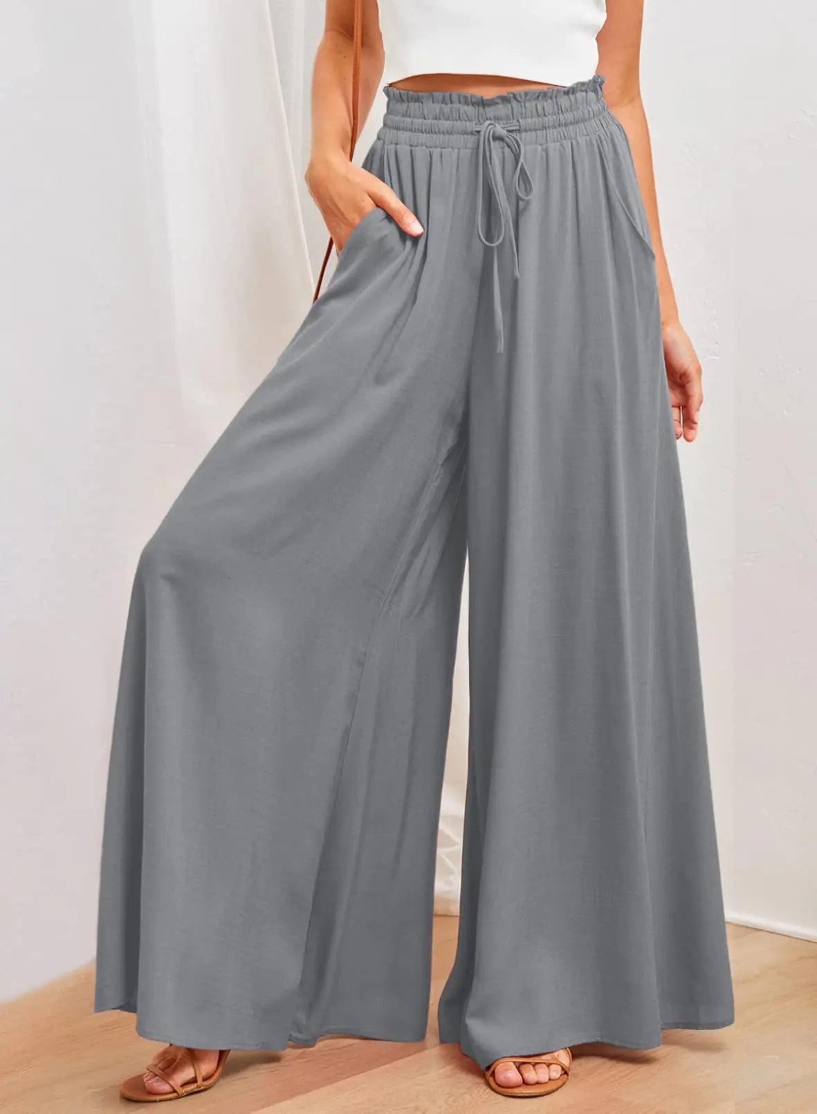 Dokotoo Pants for Women Casual Elastic Waist Wide Leg Pants with Pockets X-Large 1 Gray - Evallys.com # #