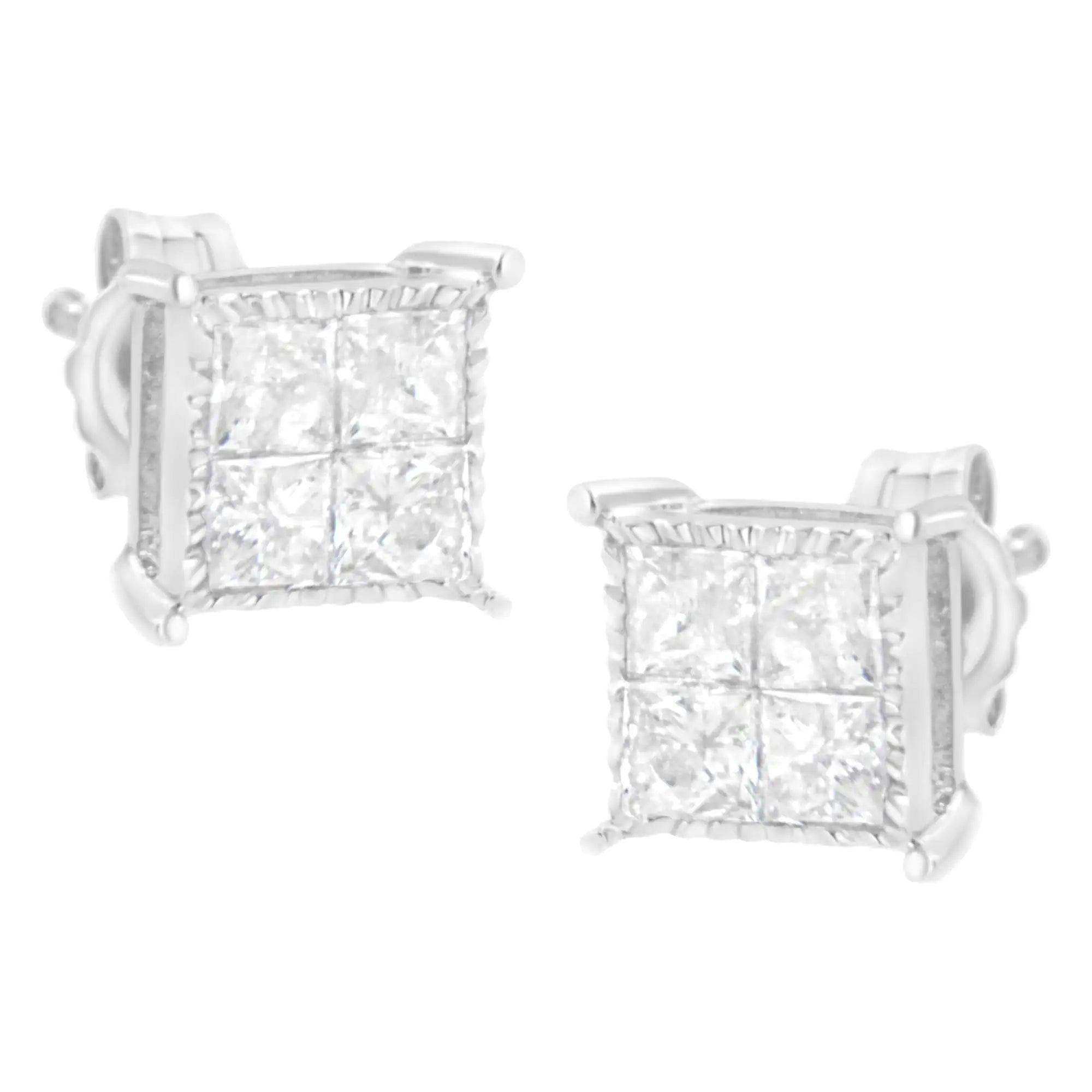 10K White Gold Square Earrings with Princess Cut Diamond (3/4 cttw, I-J Color, I2-I3 Clarity) - Evallys.com # #