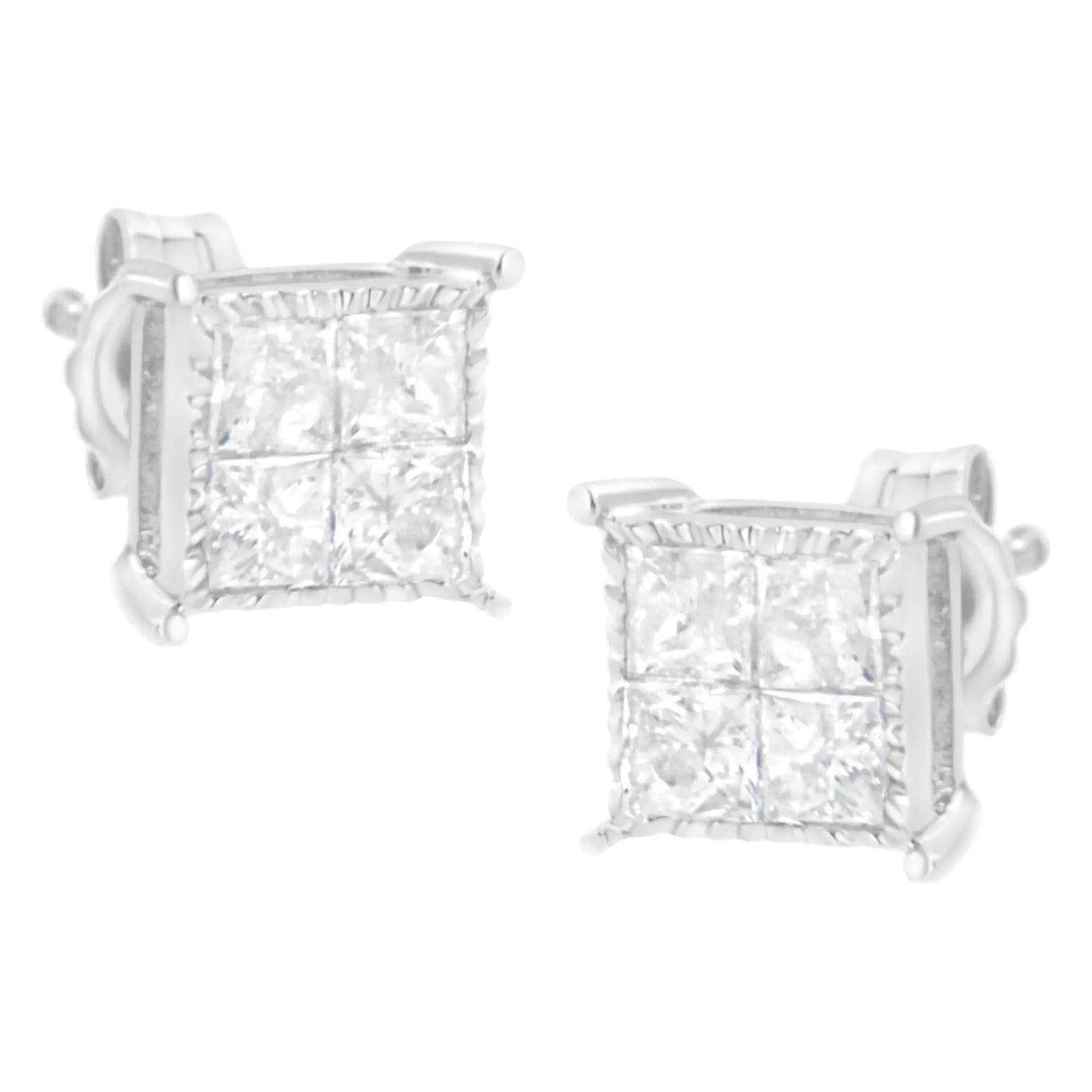 10K White Gold Square Earrings with Princess Cut Diamond (3/4 cttw, I-J Color, I2-I3 Clarity) - Evallys.com # #