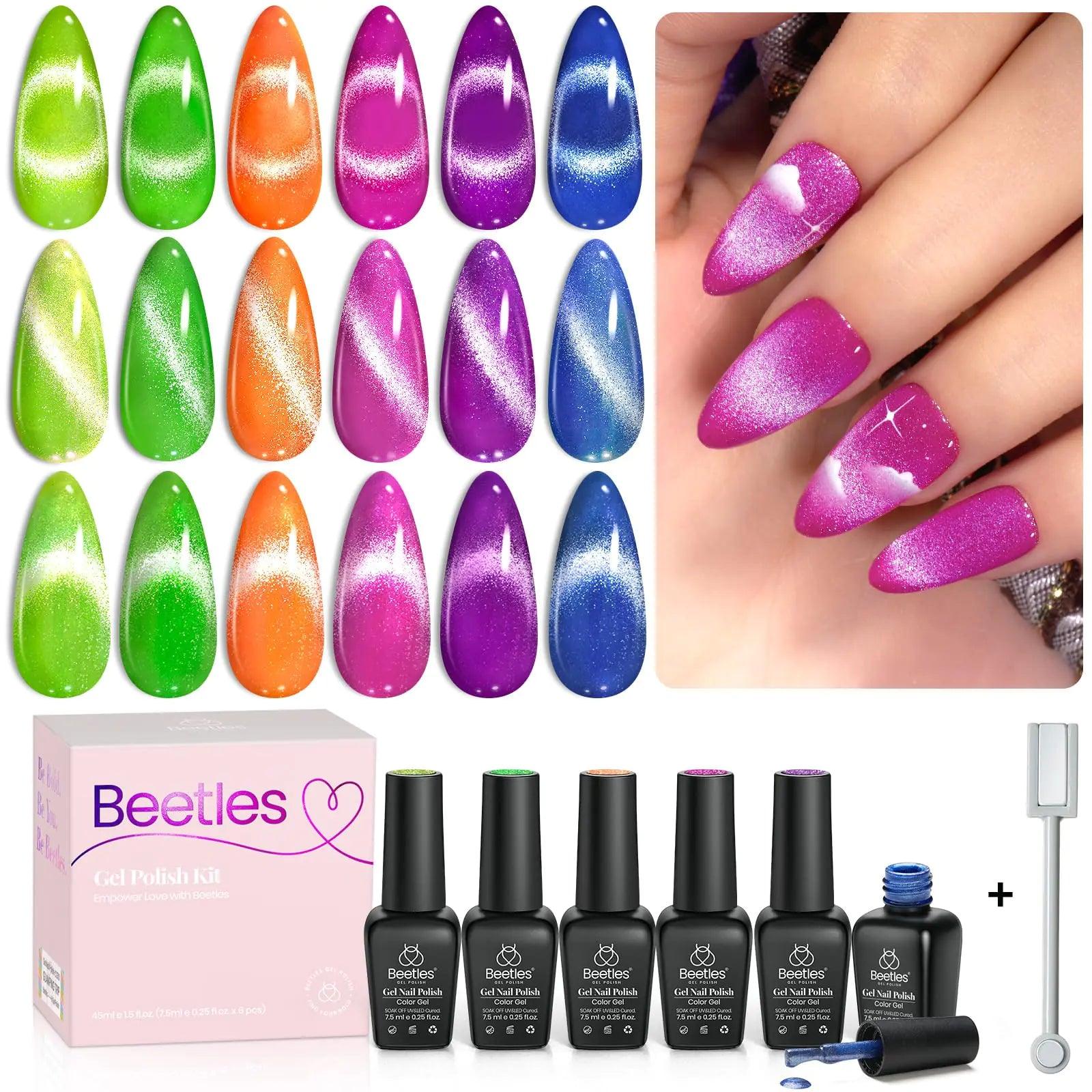 Beetles 6 Colors Summer Neon Cat Eye Gel Nail Polish Kit with Double-ended Magnet, Bright Orange Blue Green Purple Holographic Glitter Magic Spells Soak Off UV Led Gel Nail Polish Set Nail Art 0 - 6 Colors Cat Eyes Magic Spells - Evallys.com # #