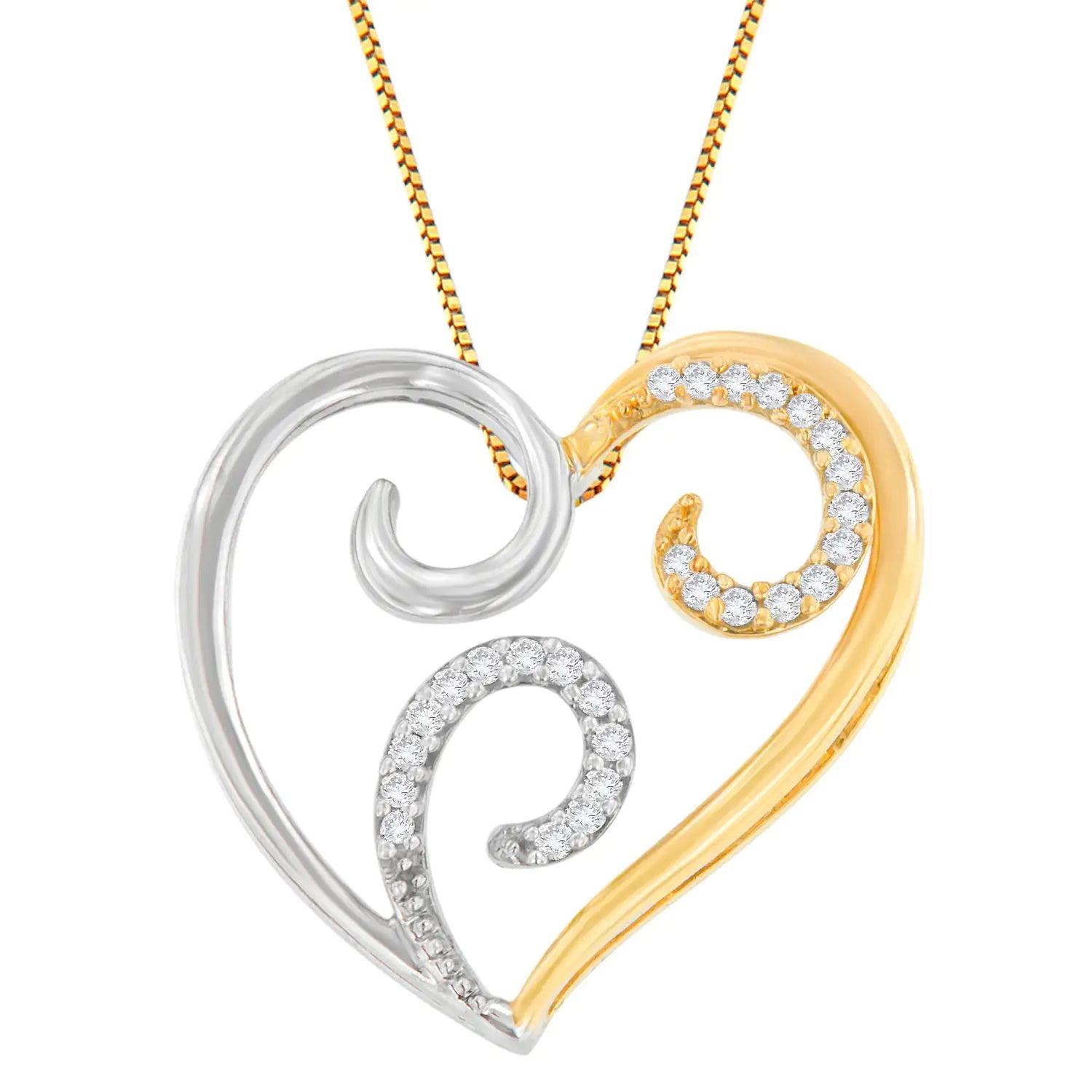 10K Two-Toned Gold 1/10 cttw Round Cut Diamond Swirl Heart Accent Pendant Necklace (H-I, I1-I2) - Evallys.com # #