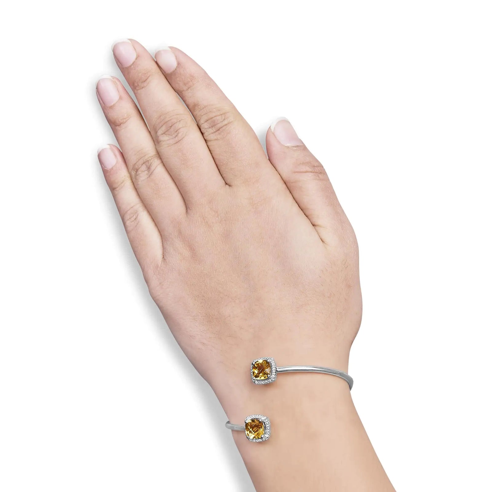 .925 Sterling Silver 8mm Cushion Cut Yellow Citrine Gemstone and Diamond Accent Split Bypass Bangle Bracelet (H-I Color, SI1-SI2 Clarity)  - Fits up to 7.75