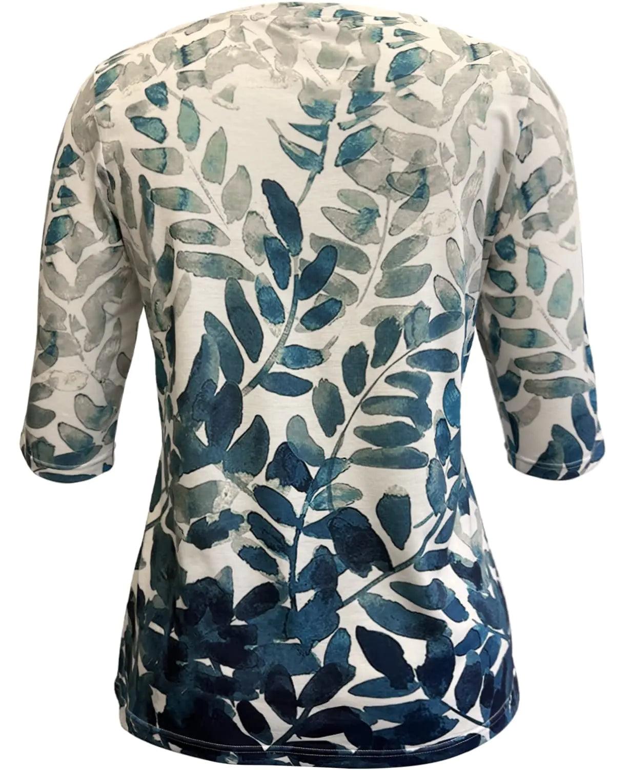 Womens Tops 3/4 Sleeve Shirts Round Neck Loose Casual Blouses Floral Print Tshirts X-Large White Blue Leaf - Evallys.com # #