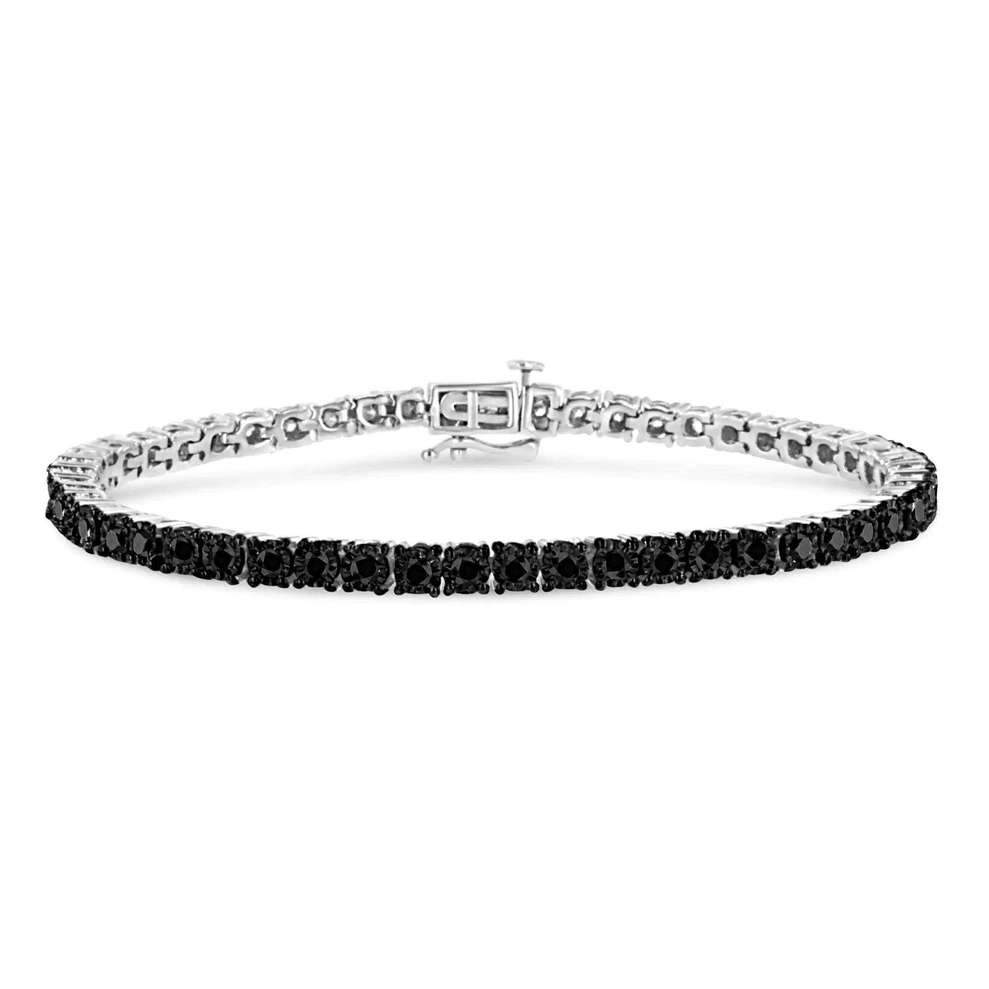 .925 Sterling Silver 3.0 Cttw Miracle-Set Treated Black Diamond Round Miracle Plate Tennis Bracelet (Black Color, I3 Clarity) - 7.25" - Evallys.com # #