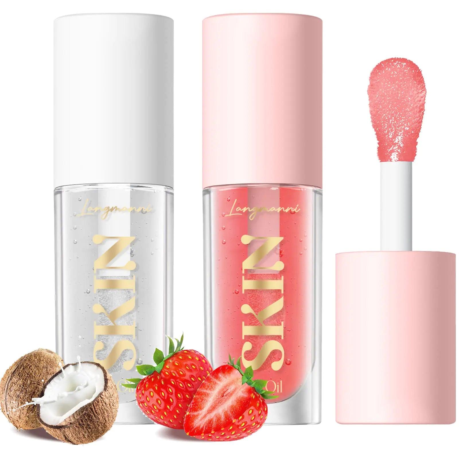 LANGMANNI Lip Oil,No-Sticky Gloss Lip Balm Lip Care,Fruit Flavoured Lip Oil For Dry Lip's Moisturizing Hydrating And Nourishing (Strawberry+Coco) (Strawberry+Coco) - Evallys.com # #