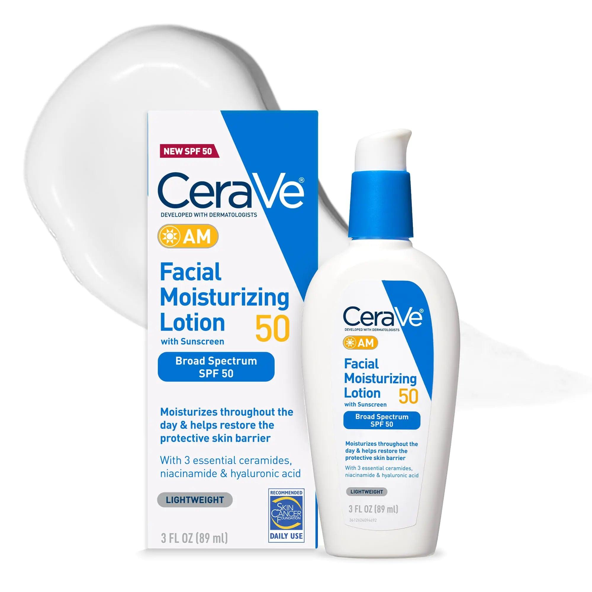 CeraVe AM Facial Moisturizing Lotion SPF 50 | Face Moisturizer with SPF, Hyaluronic Acid, Niacinamide & Ceramides | Non-Greasy | Blends Seamlessly With No White Cast | Non Comedogenic Sunscreen | 3 Oz - Evallys.com # #