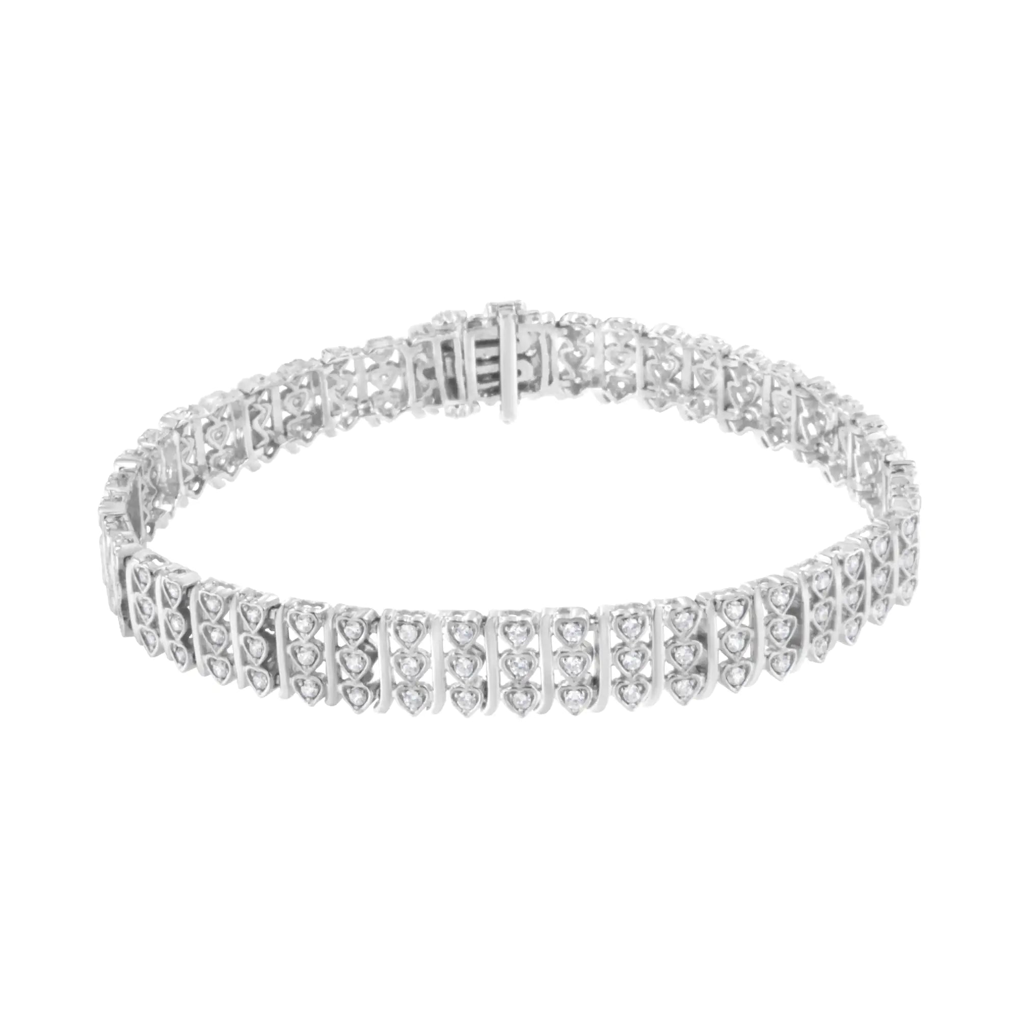 .925 Sterling Silver 1 1/2 cttw Round Diamond 3 Row Heart Link Bracelet (I-J Color,I3 Clarity) - 7.25 " - Evallys.com # #