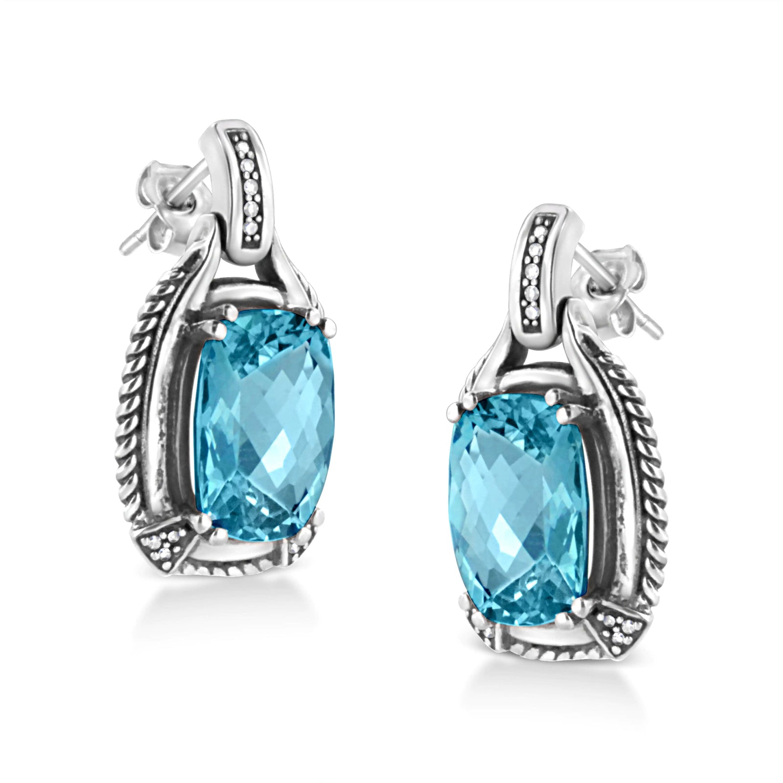 .925 Sterling Silver 14x10MM Cushion Cut Blue Topaz Gemstone and Diamond Accent Dangle Earring (I-J Color, I1-I2 Clarity) - Evallys.com # #