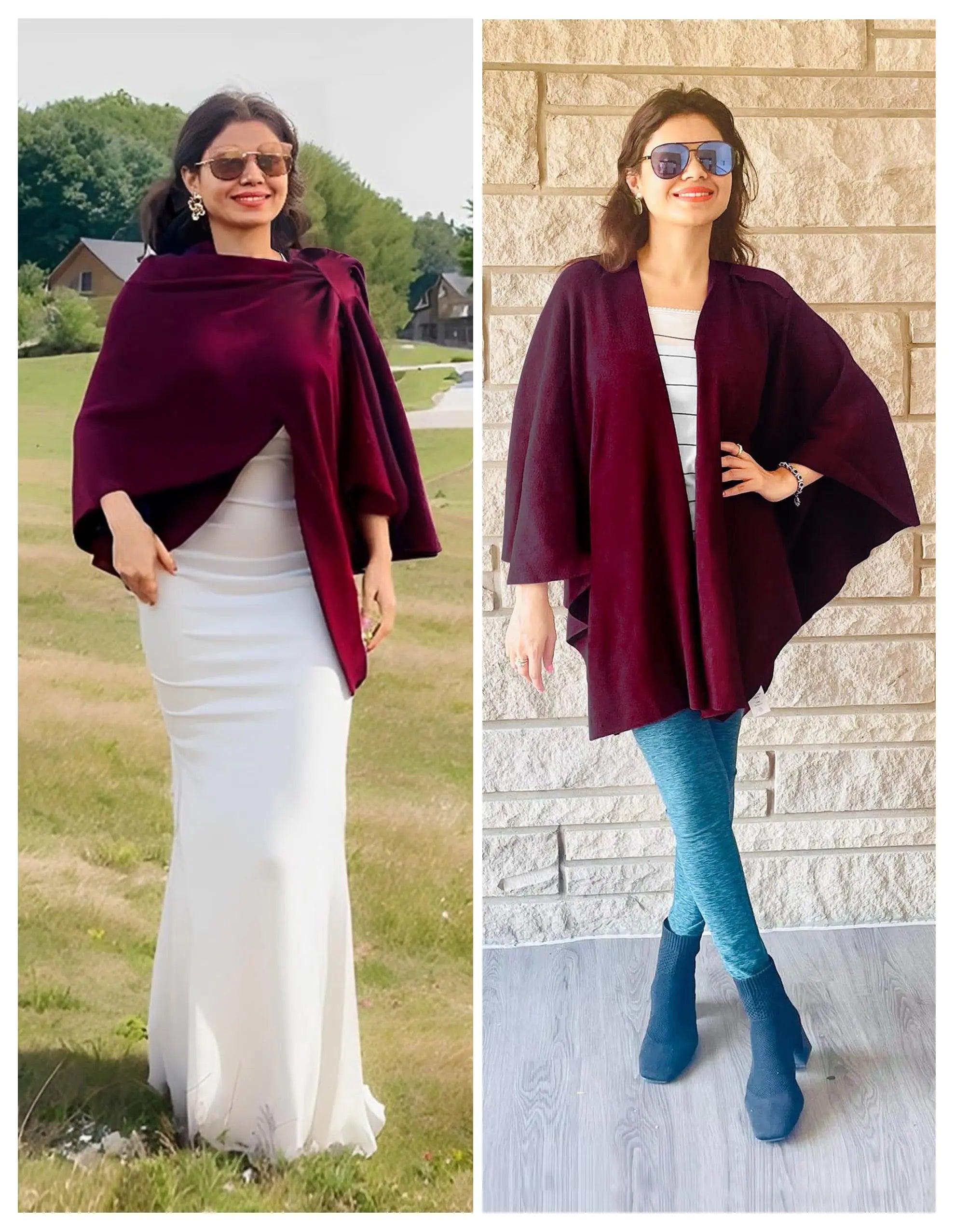 PULI Womens Large Cross Front Poncho Sweater Wrap Topper Knitted Elegant Shawls Cape for Fall Winter 1-burgundy - Evallys.com # #