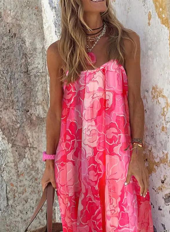 Dokotoo Women Summer Dresses 2024 Spaghetti Strap Scoop Neck Smocked Ruffle Flowy Boho Maxi Dress Small Rose - Evallys.com