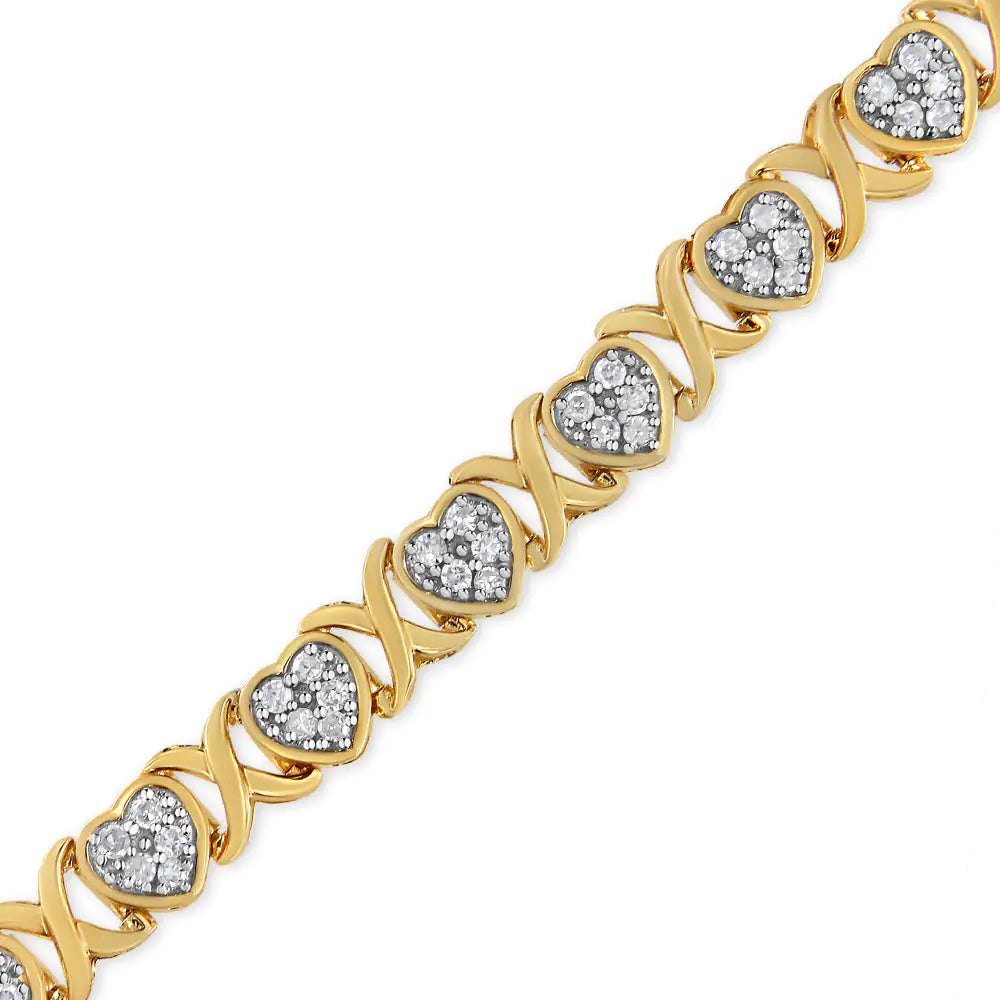 14KY Yellow Gold Plated .925 Sterling Silver 1.00 Cttw Diamond Heart and X Link Bracelet (I-J Color, I3 Clarity) - 7.25