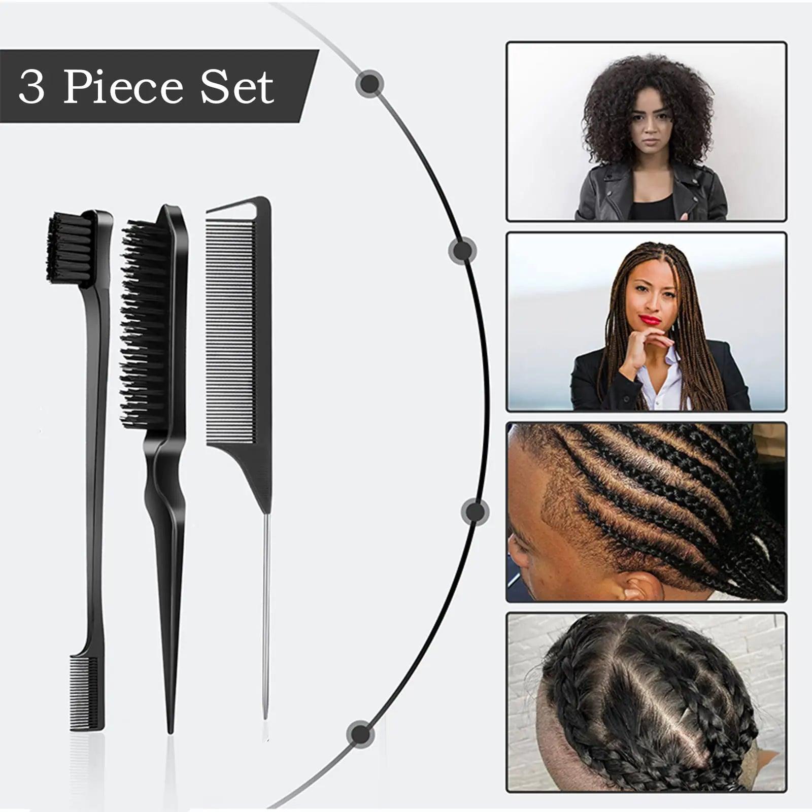 3 Pcs Slick Back Grooming Set - Edge Brush, Bristle Brush, Rat Tail Comb & Teasing Brush for Smoothing Hair & Flyaways - Black - Evallys.com # #