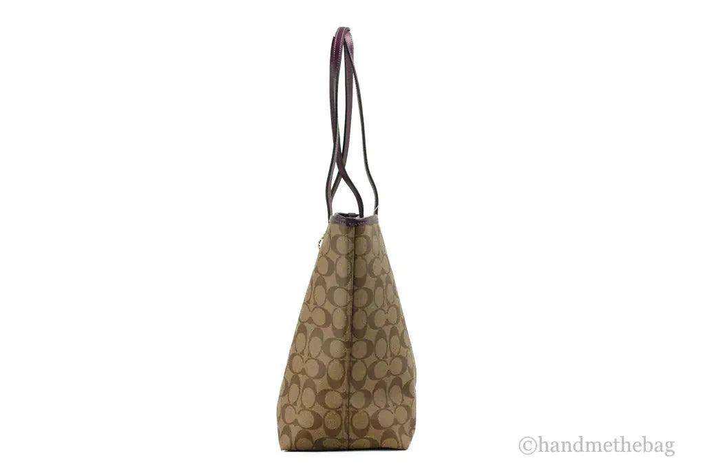 Coach (5696) Signature Coated Canvas Khaki Boysenberry City Tote Shoulder Bag - Evallys.com # #