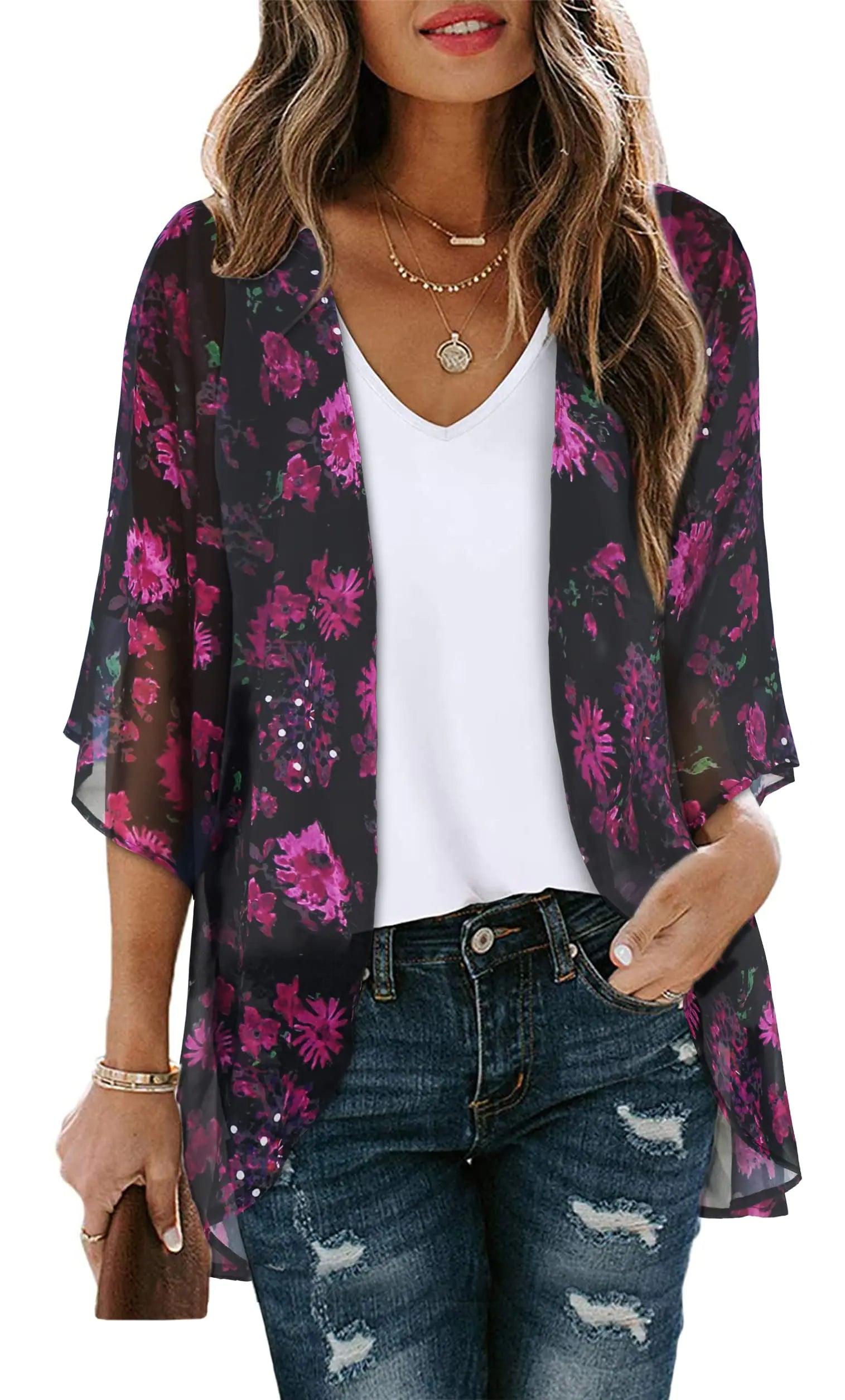 Women's Floral Print Puff Sleeve Kimono Cardigan Loose Cover Up Casual Blouse Tops Small Orange Black - Evallys.com