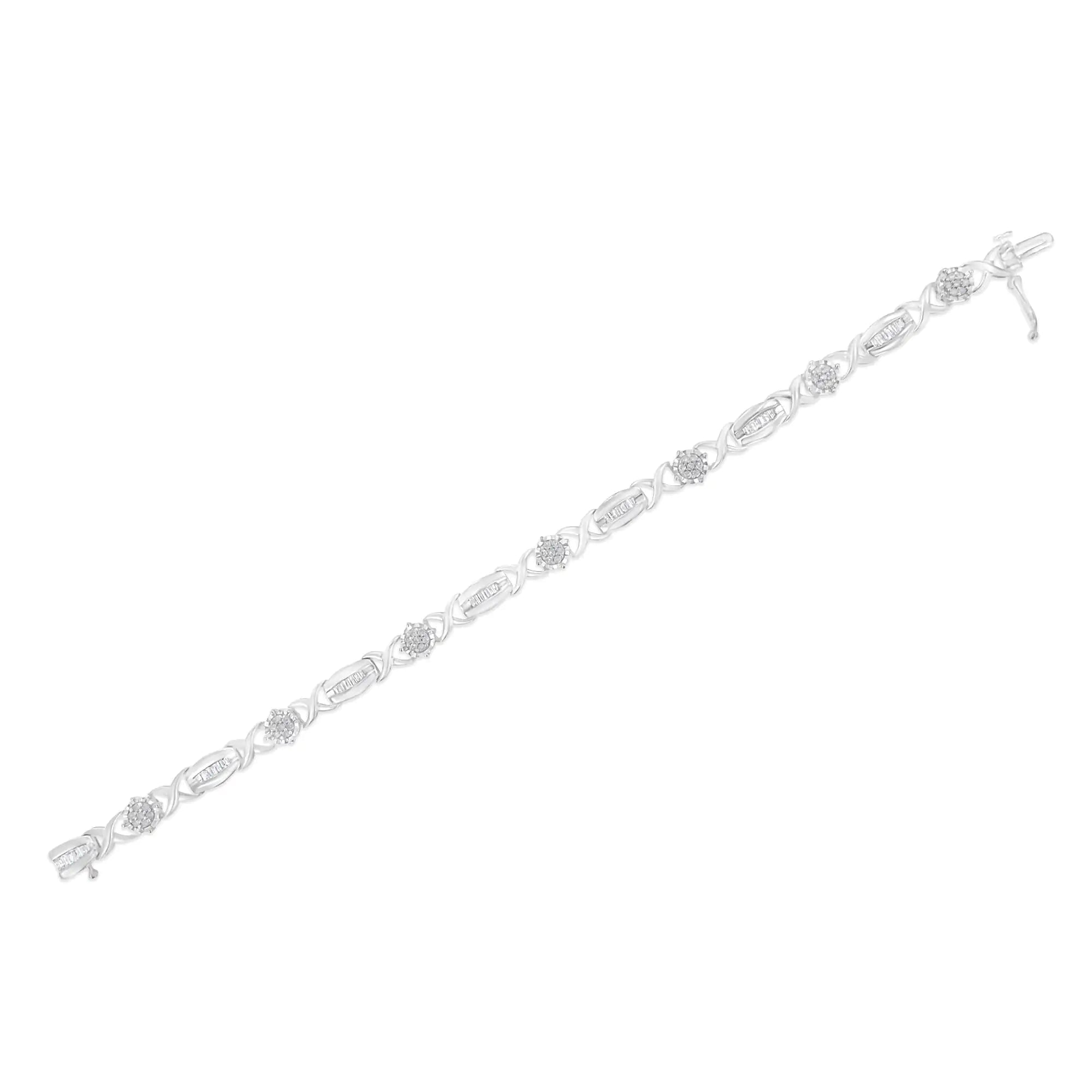 .925 Sterling Silver 1.0 Cttw Round-Cut and Baguette-Cut Diamond X-Link Bracelet (I-J Color, I1-I2 Clarity) - 7" - Evallys.com # #