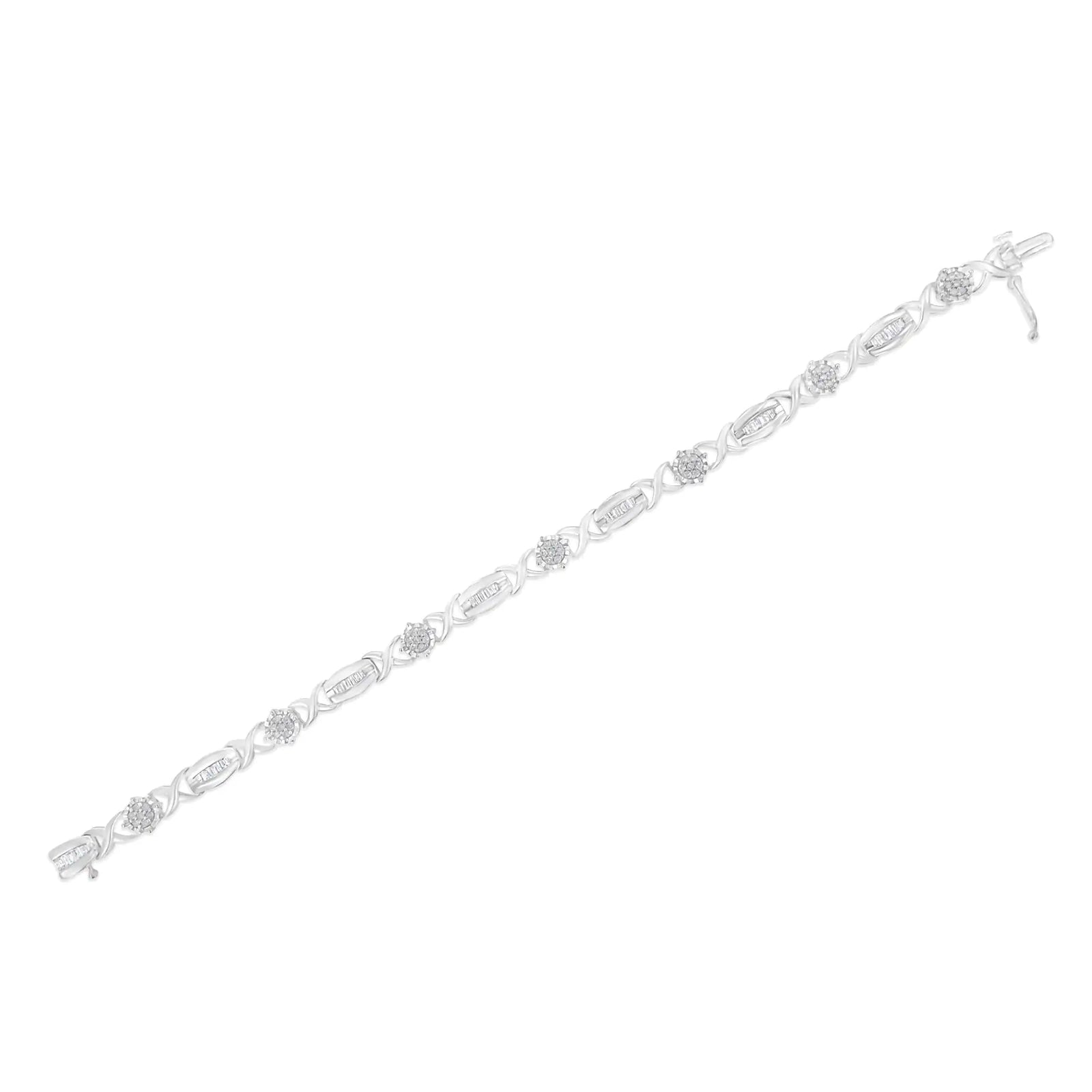 .925 Sterling Silver 1.0 Cttw Round-Cut and Baguette-Cut Diamond X-Link Bracelet (I-J Color, I1-I2 Clarity) - 7