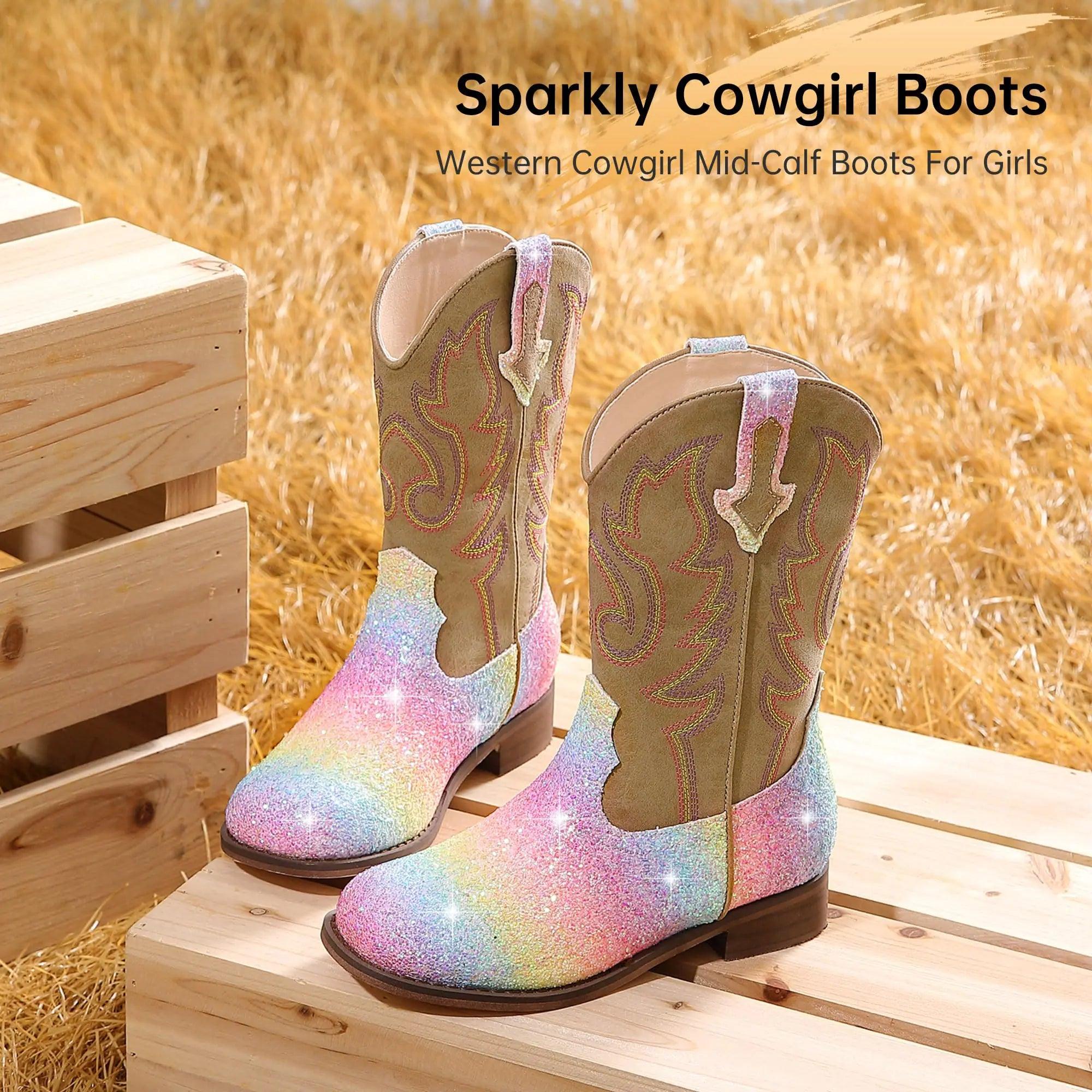 Girls Cowgirl Boots Unisex-Child Mid Calf Glitter Toddler Cowboy Boot Little Big Kids Western Riding Shoes 8 Toddler Shiny Rainbow - Evallys.com # #