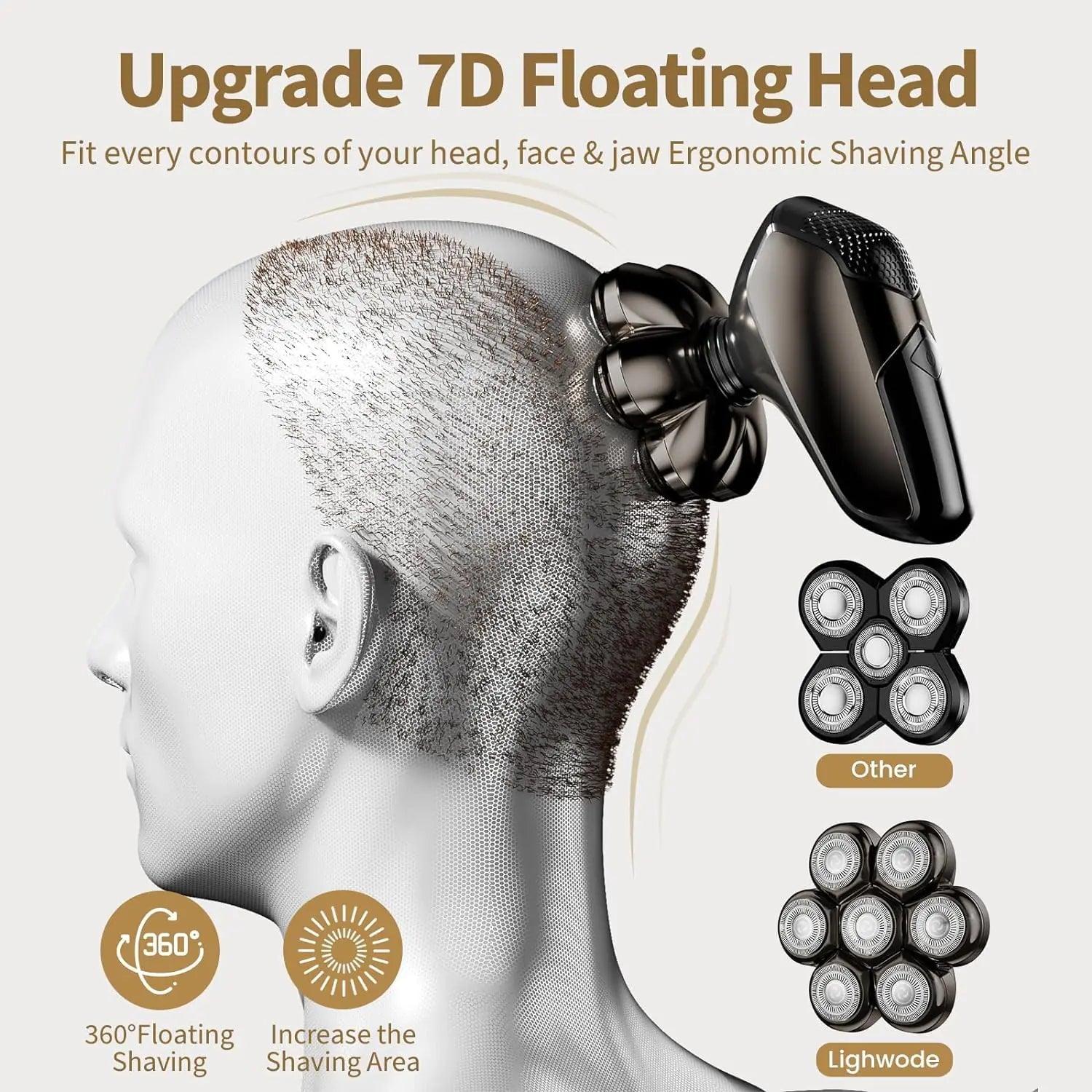 Detachable Head Shavers, SHPAVVER 5-in-1 Electric Razor IPX7 Waterproof for Bald Men, Wet/Dry LED Display Rechargeable 7D Rotary Shaver Grooming Kit with Type-C Charge (A) Brown - Evallys.com # #