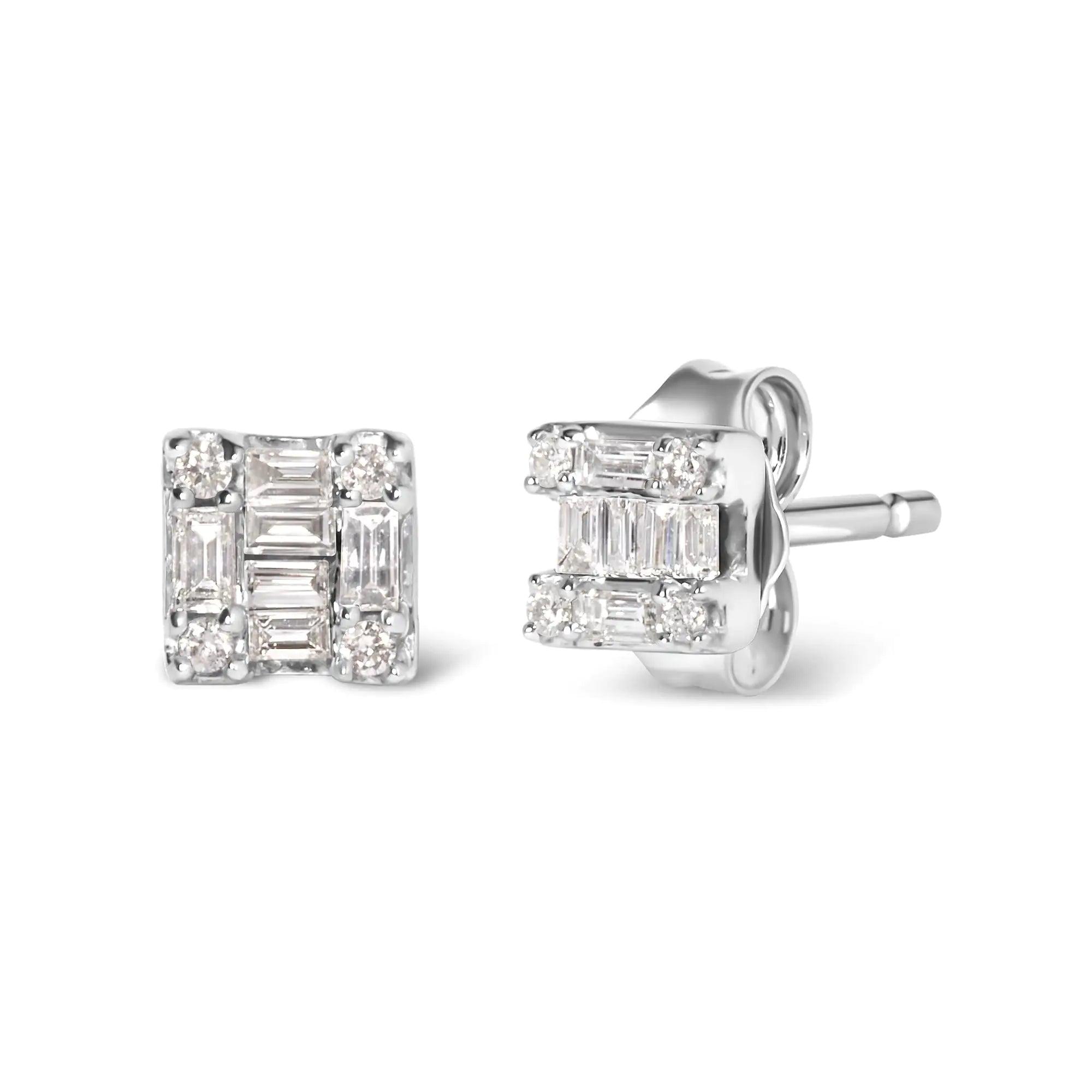 10K White Gold 1/7 Cttw Round and Baguette Diamond Mosaic Square Stud Earrings (H-I Color, I1-I2 Clarity) - Evallys.com # #