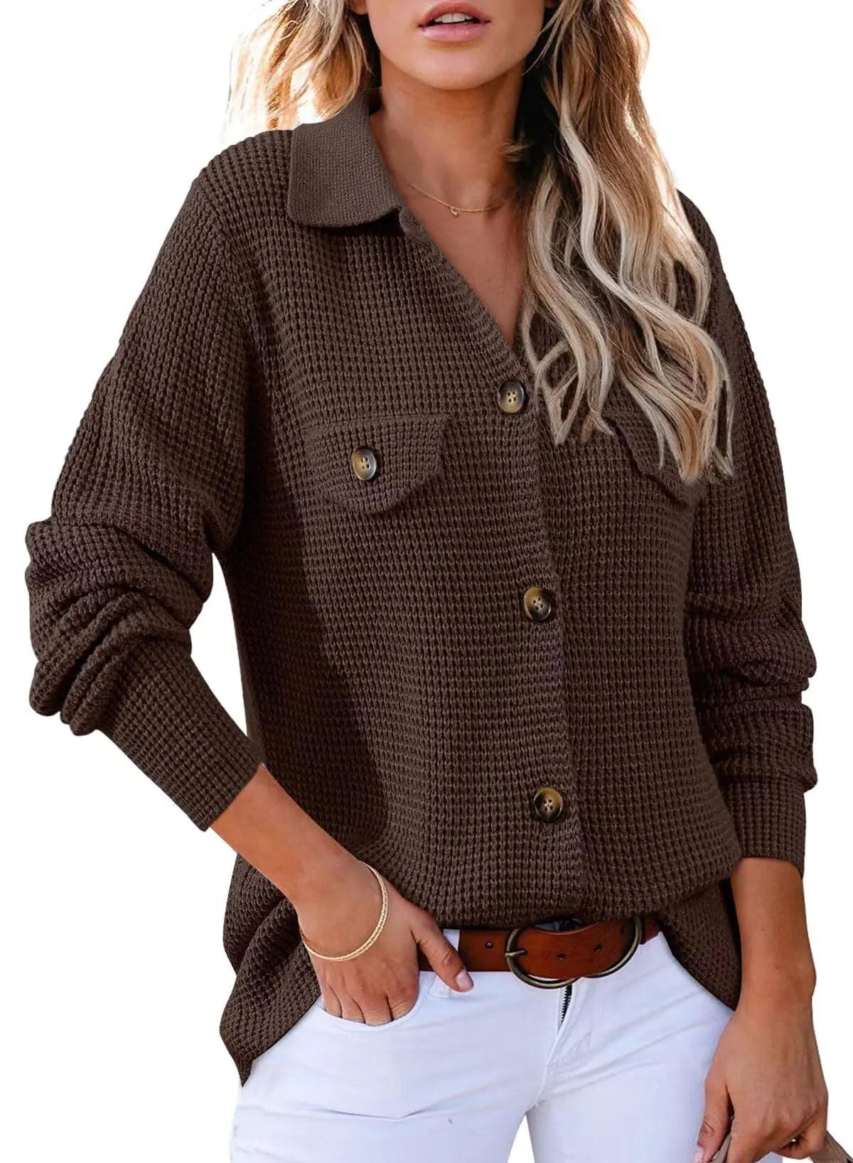 Astylish Women 2024 Waffle Knit Shacket Jacket Casual Long Sleeve Sweater Button Down Shirts Dressy Blouse Top Large Coffee - Evallys.com # #