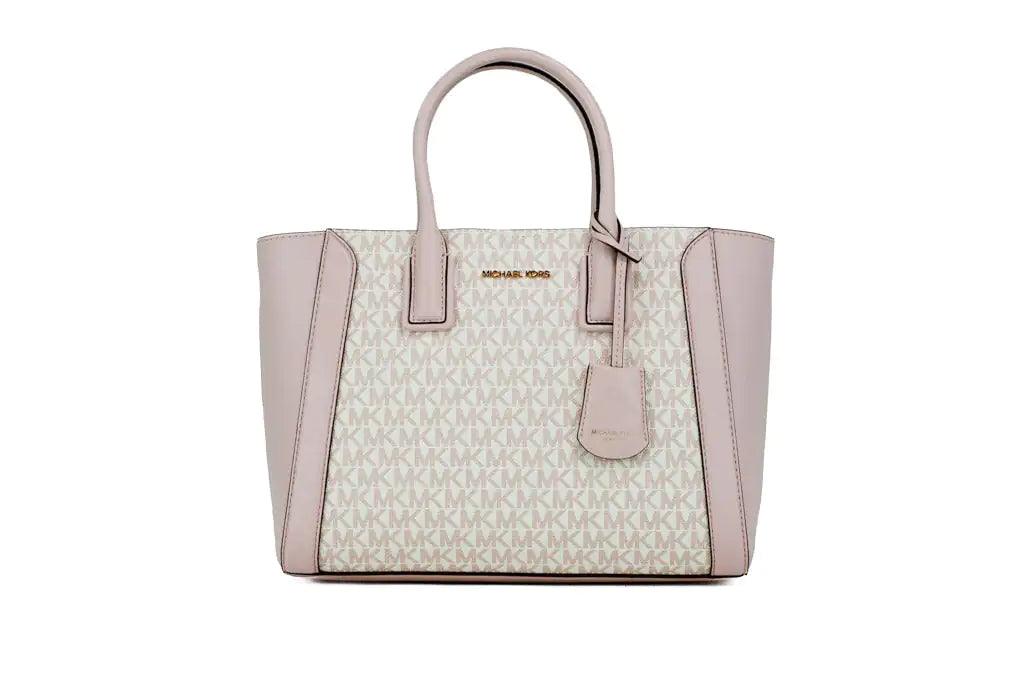 Michael Kors Kali Medium Optic White Rose Gold Signature PVC Satchel iPad Case Handbag - Evallys.com # #