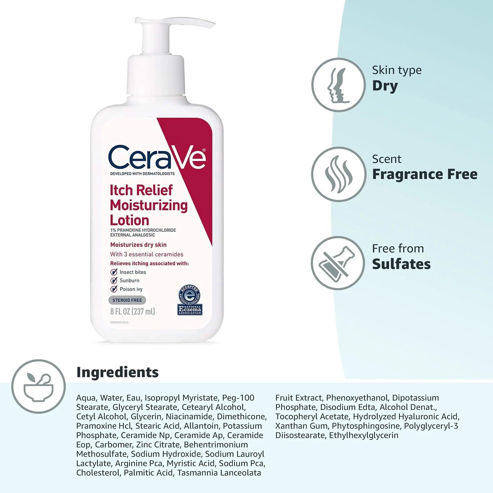 CeraVe Anti Itch Moisturizing Lotion with Pramoxine Hydrochloride | Relieves Itch with Minor Skin Irritations, Sunburn Relief, Bug Bites | 8 Ounce 8 Fl Oz (Pack of 1) - Evallys.com # #