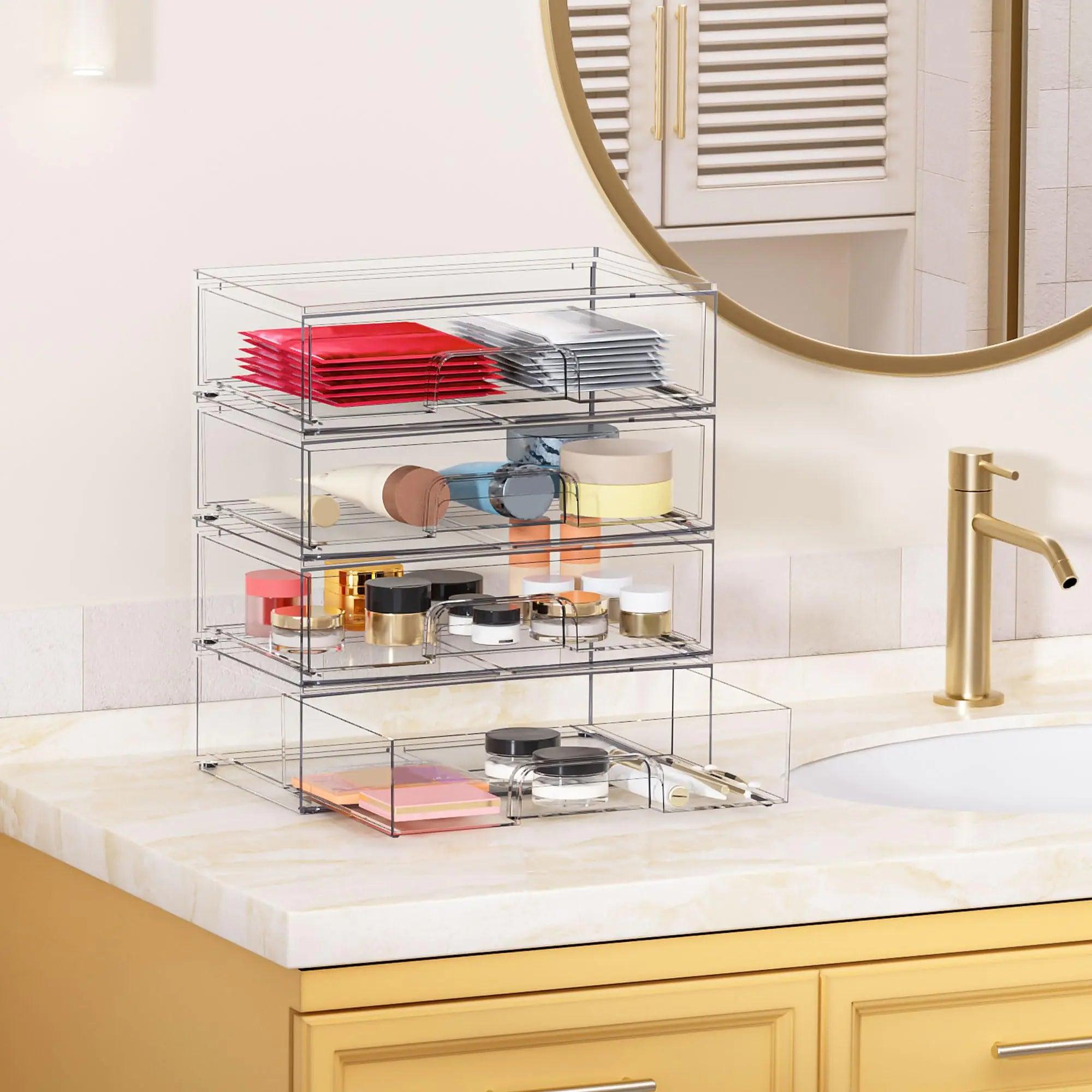 Vtopmart 12''W Clear Stackable Storage Drawers,4 Pack Acrylic Plastic Organizers Bins for Makeup Palettes, Cosmetics, and Beauty Supplies,Ideal for Vanity, Bathroom,Cabinet,Desk Organization 4 - Evallys.com # #