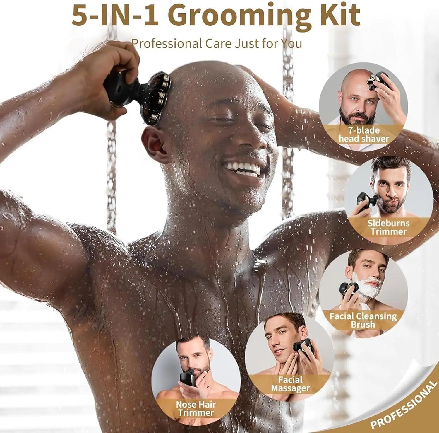 Detachable Head Shavers, SHPAVVER 5-in-1 Electric Razor IPX7 Waterproof for Bald Men, Wet/Dry LED Display Rechargeable 7D Rotary Shaver Grooming Kit with Type-C Charge (A) Brown - Evallys.com # #