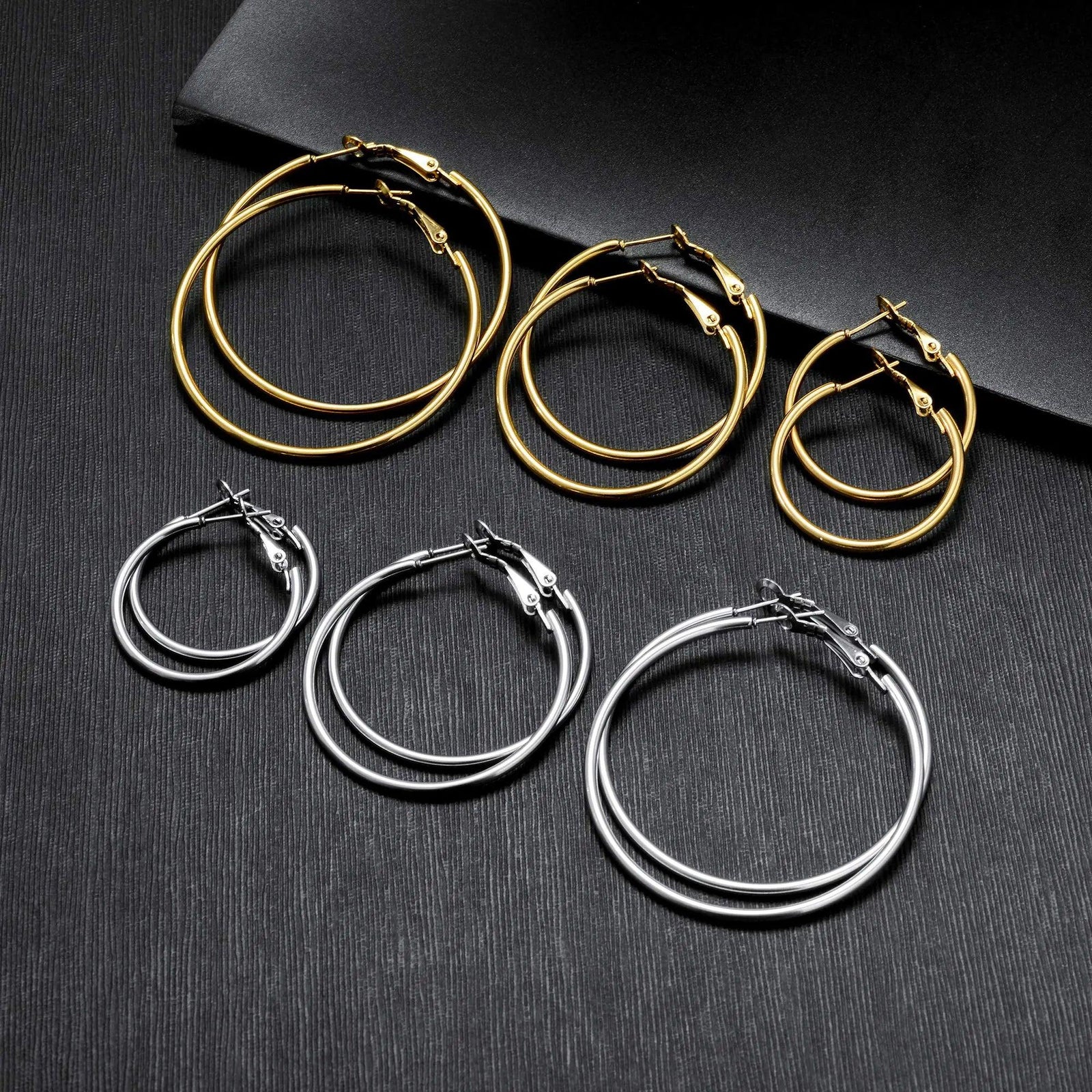 6 Pairs Stainless Steel gold silver Plated Hoop Earrings for Women, Hypoallergenic Hoops Women's Earrings Loop Earrings Set 6 Pairs Stainless Steel gold silver Plated Earrings - Evallys.com # #