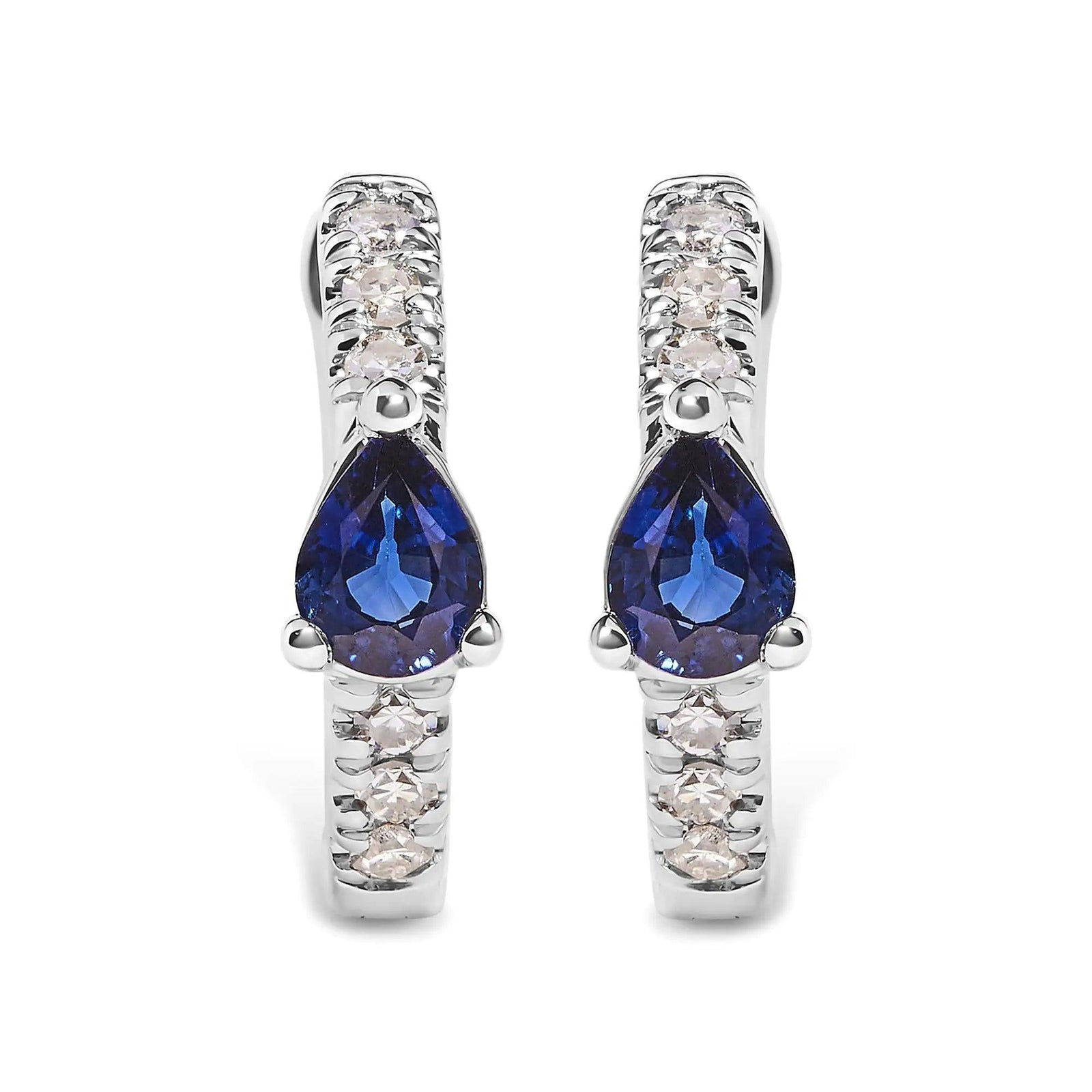 10K White Gold Pear Shaped Blue Sapphire and 1/10 Cttw Diamond Huggy Hoop Earrings (H-I Color, I1-I2 Clarity) - Evallys.com # #