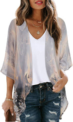 Women's Floral Print Puff Sleeve Kimono Cardigan Loose Cover Up Casual Blouse Tops Small Orange Black - Evallys.com